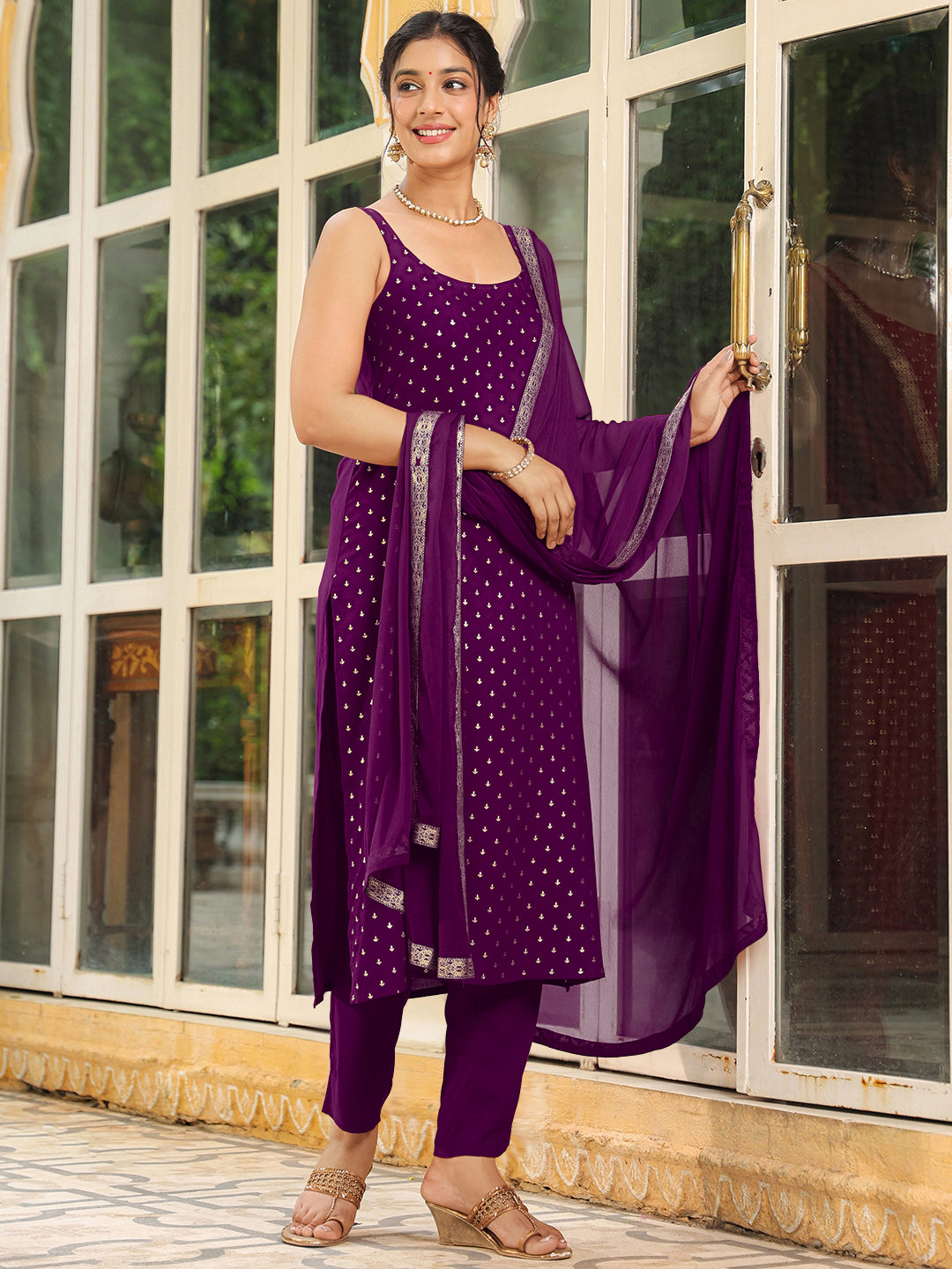 Naari By Shree Purple Rayon Foil Printed Straight Kurta Set