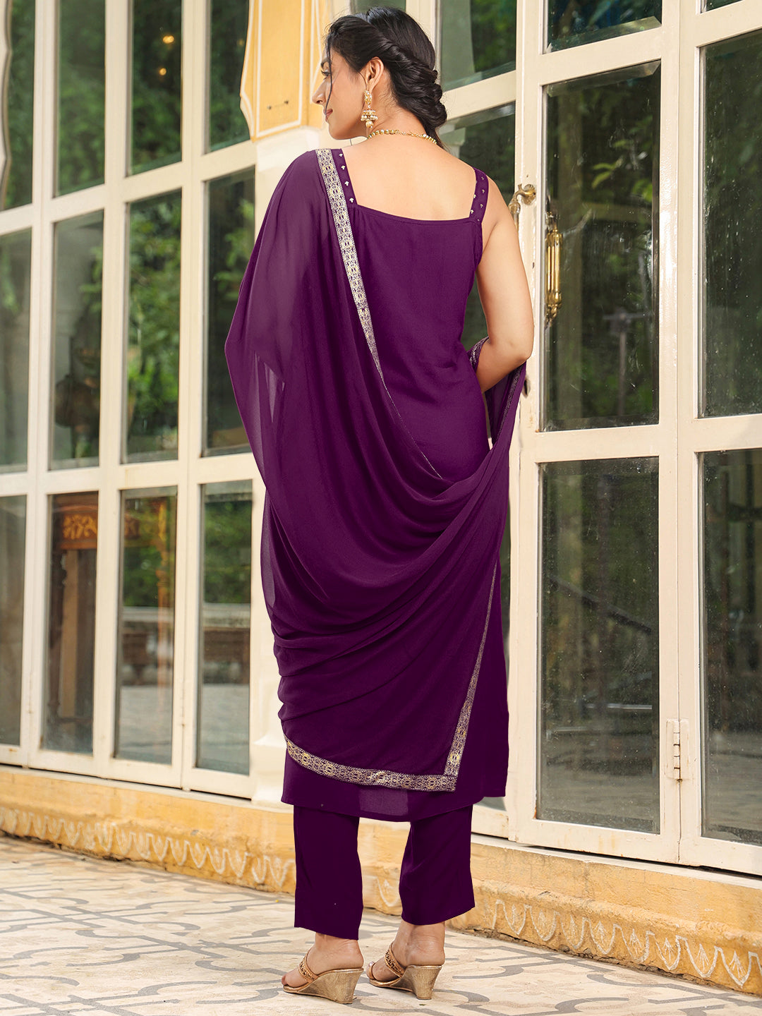 Naari By Shree Purple Rayon Foil Printed Straight Kurta Set