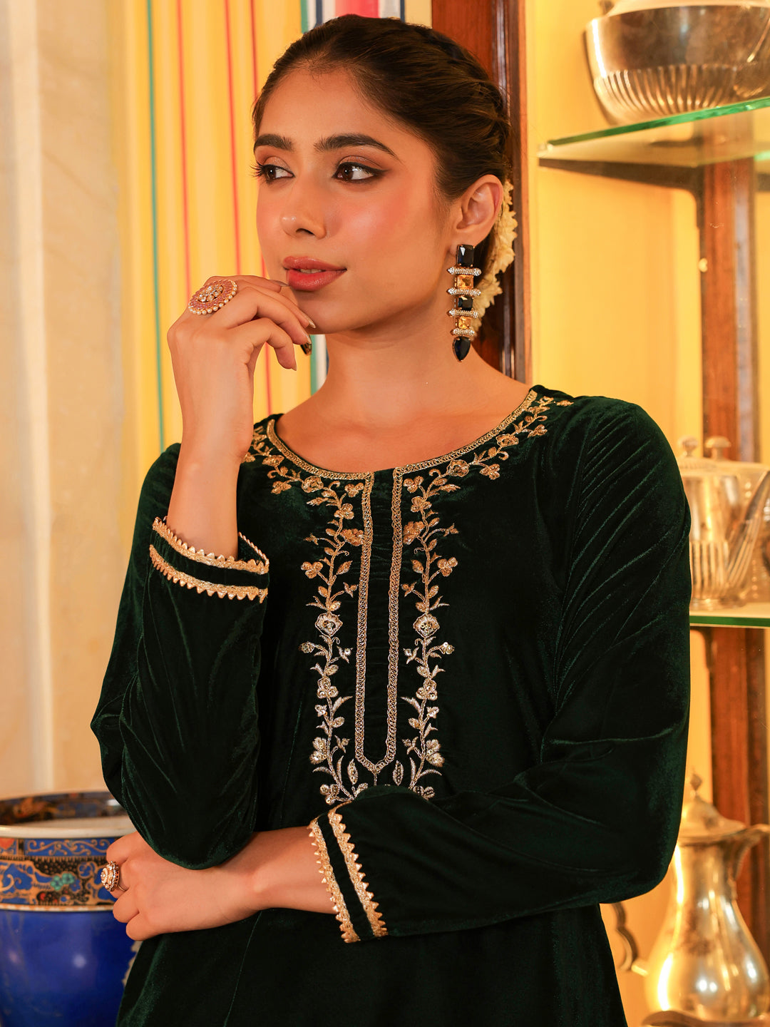 Naari By Shree Women's Bottle Green Velvet Yoke Embroidered Straight Co-ord Set