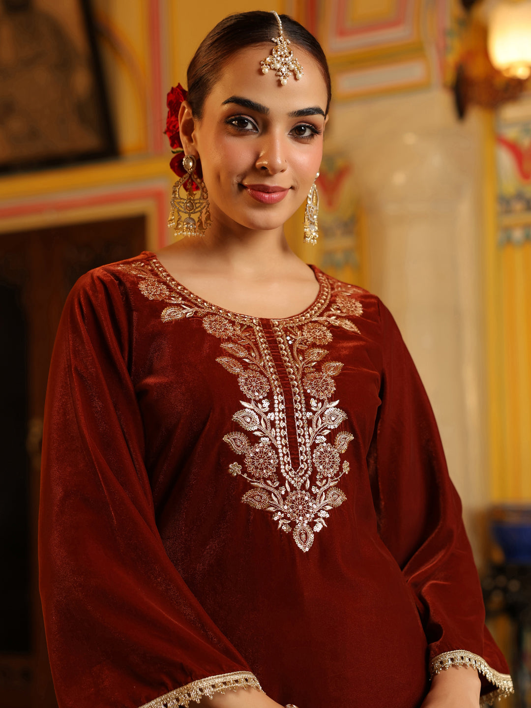 Naari By Shree Women's Brown Velvet Yoke Zari Embroidered Straight Co-ord Set