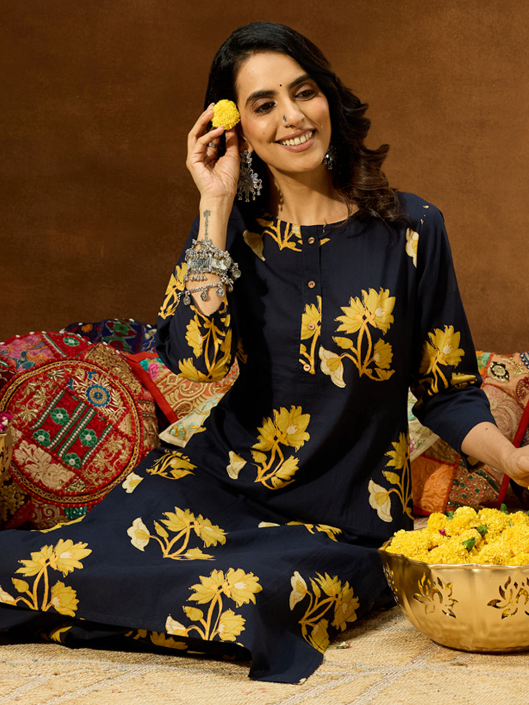 Naari By Shree Women's Navy Blue Pure Cotton Floral Printed Straight Co-ord Set