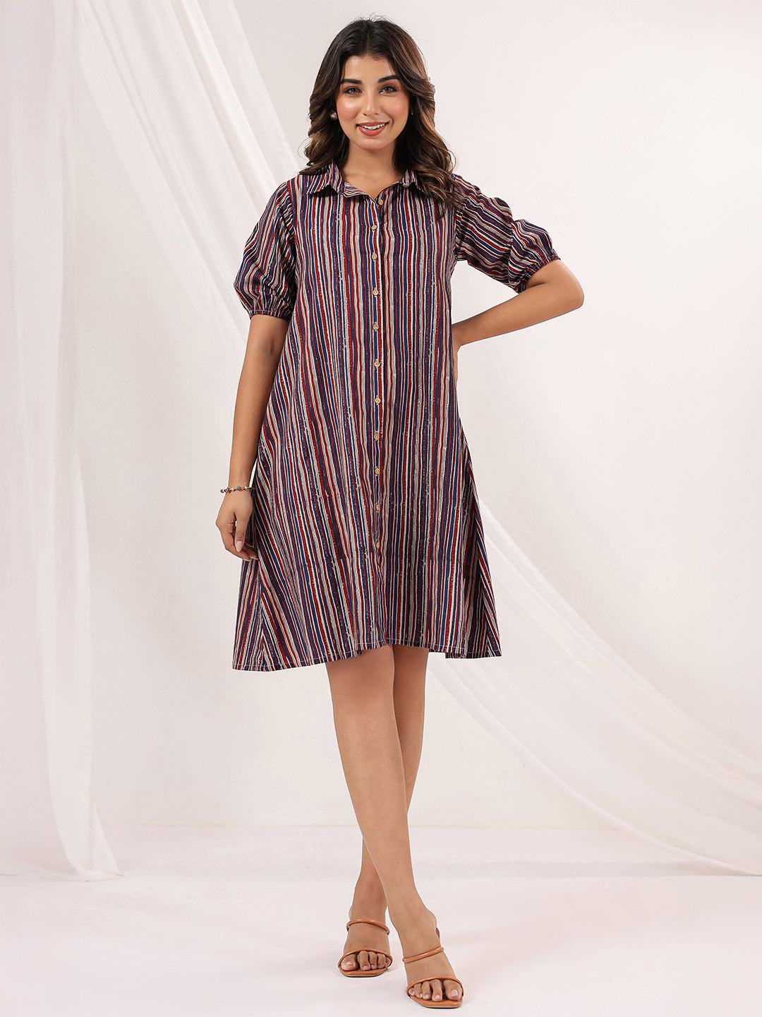 Naari By Shree Women's Multicolor Pure Cotton Striped A-line Dress