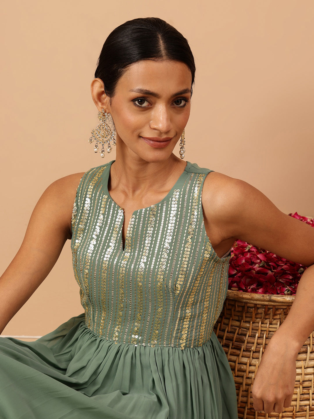 Naari By Shree Women's Sage Green Georgette Sequined Gathered Flared Gown