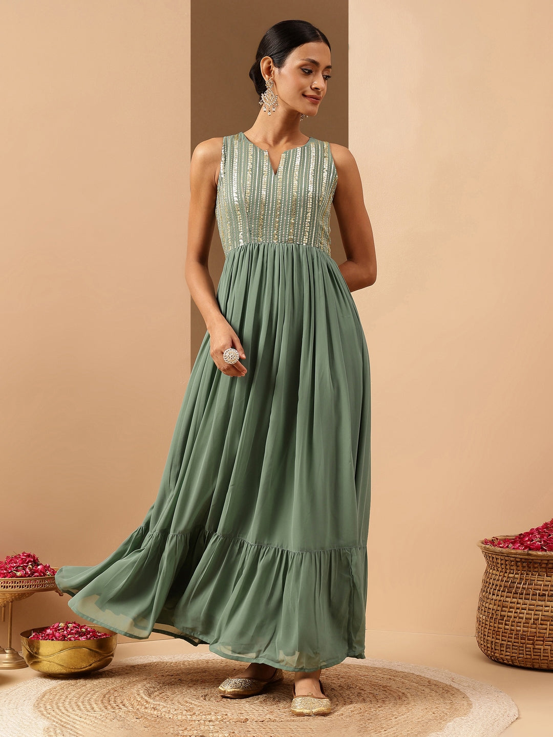 Naari By Shree Women's Sage Green Georgette Sequined Gathered Flared Gown