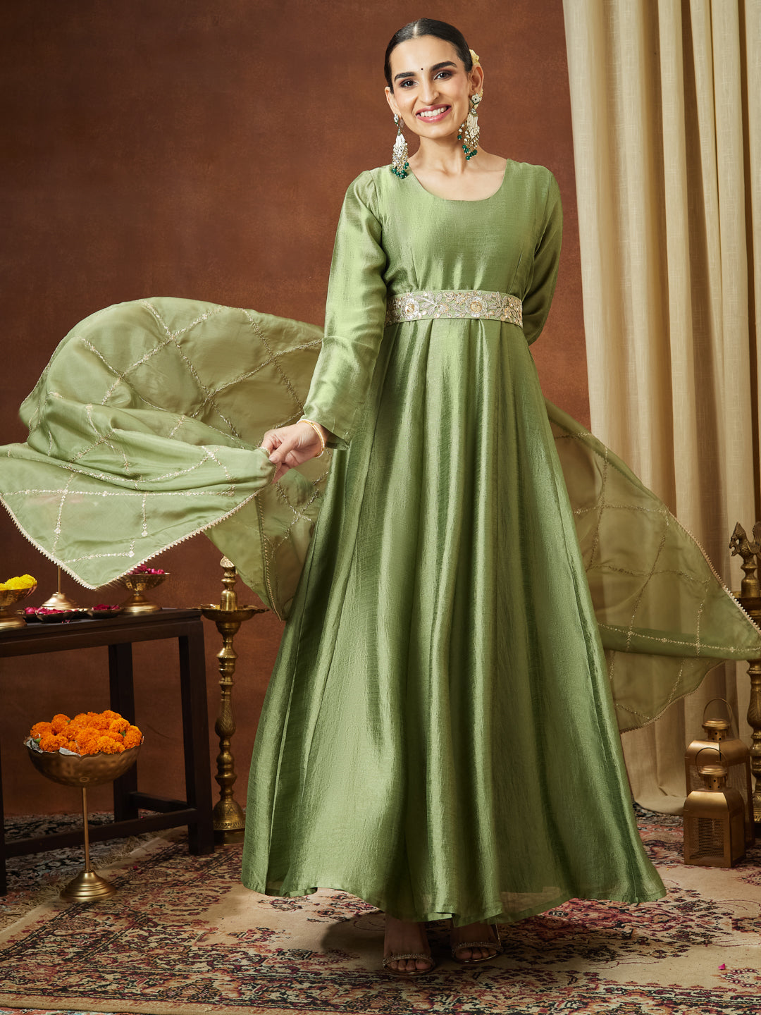 Naari By Shree Women's Sage Green Silk Blend Flared Gown With Embellished Belt