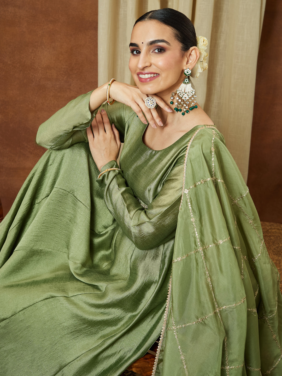 Naari By Shree Women's Sage Green Silk Blend Flared Gown With Embellished Belt