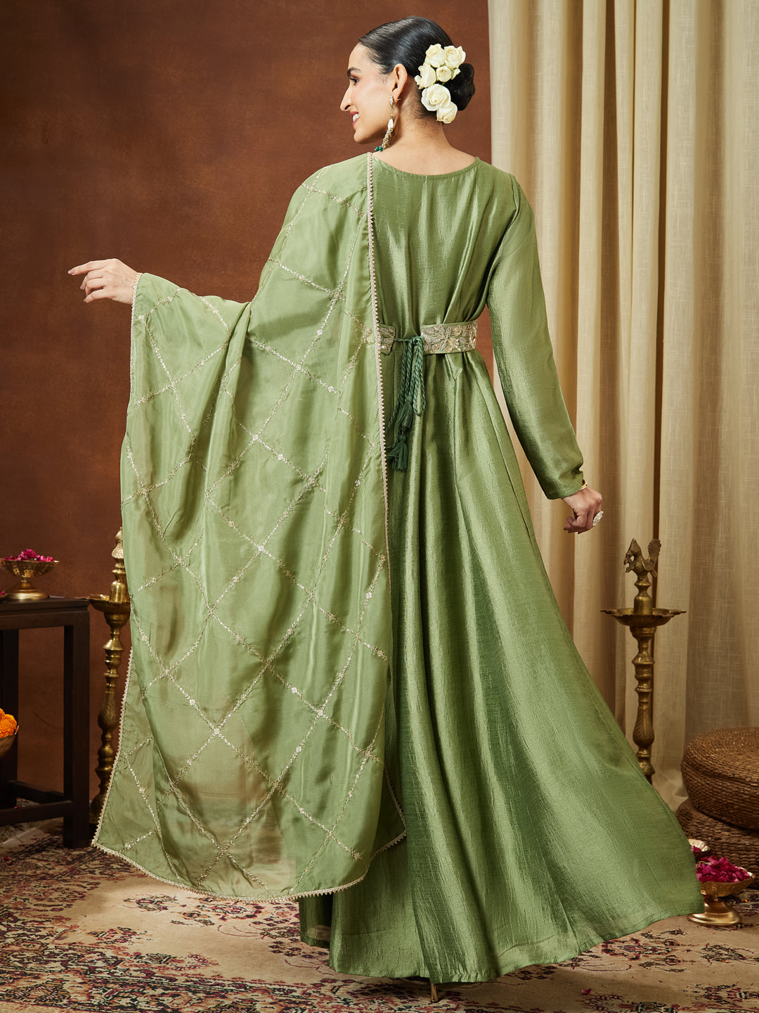 Naari By Shree Women's Sage Green Silk Blend Flared Gown With Embellished Belt