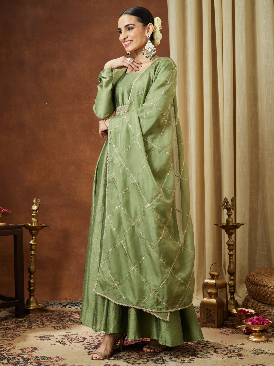 Naari By Shree Women's Sage Green Silk Blend Flared Gown With Embellished Belt