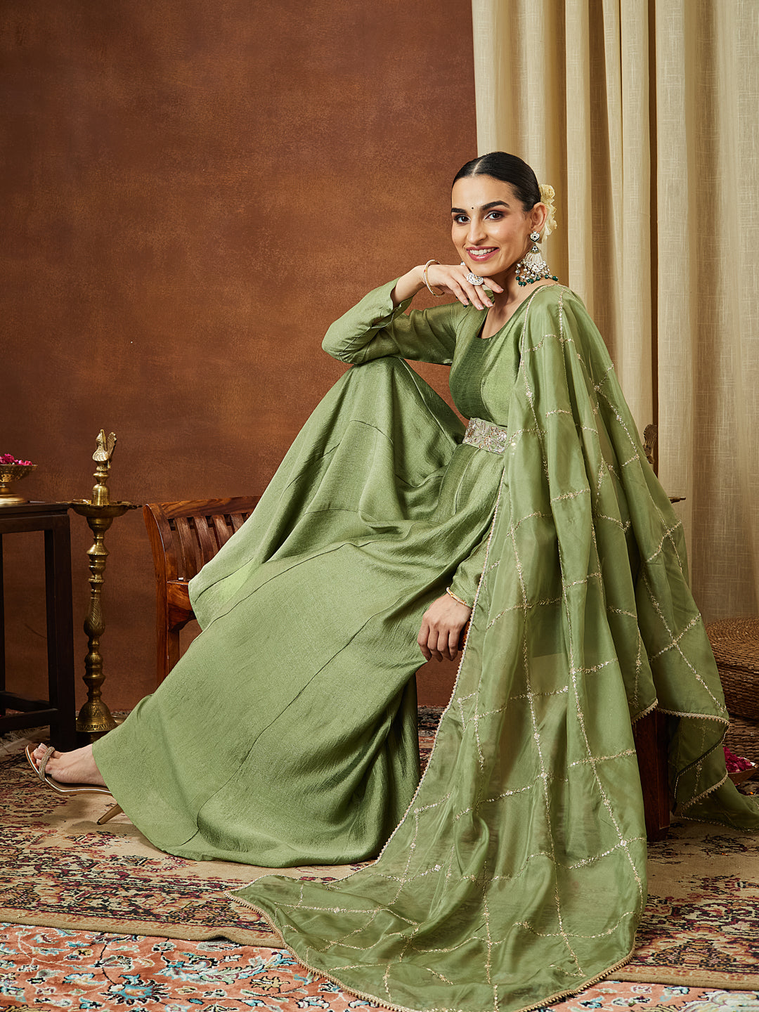 Naari By Shree Women's Sage Green Silk Blend Flared Gown With Embellished Belt