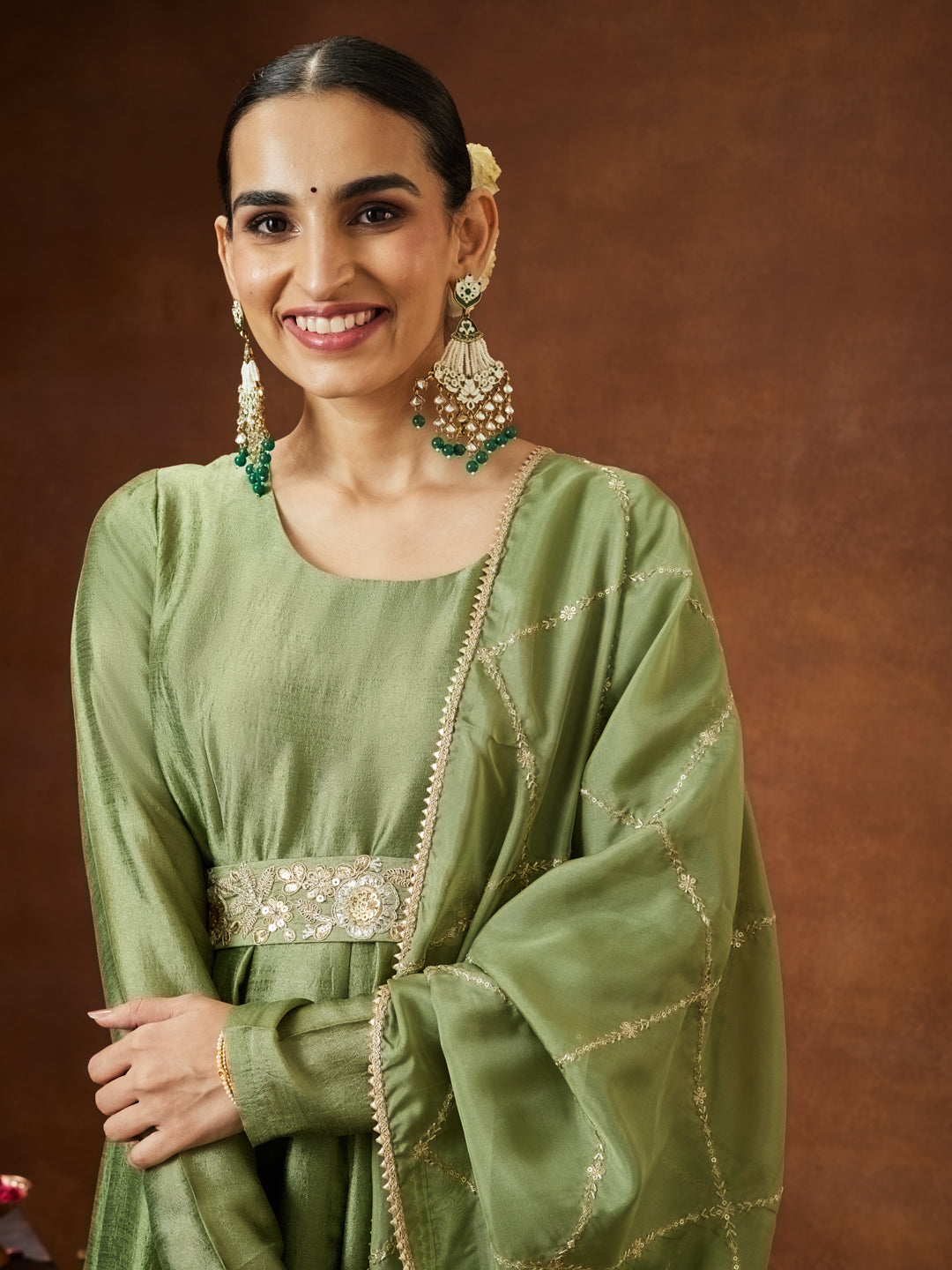 Naari By Shree Women's Sage Green Silk Blend Flared Gown With Embellished Belt