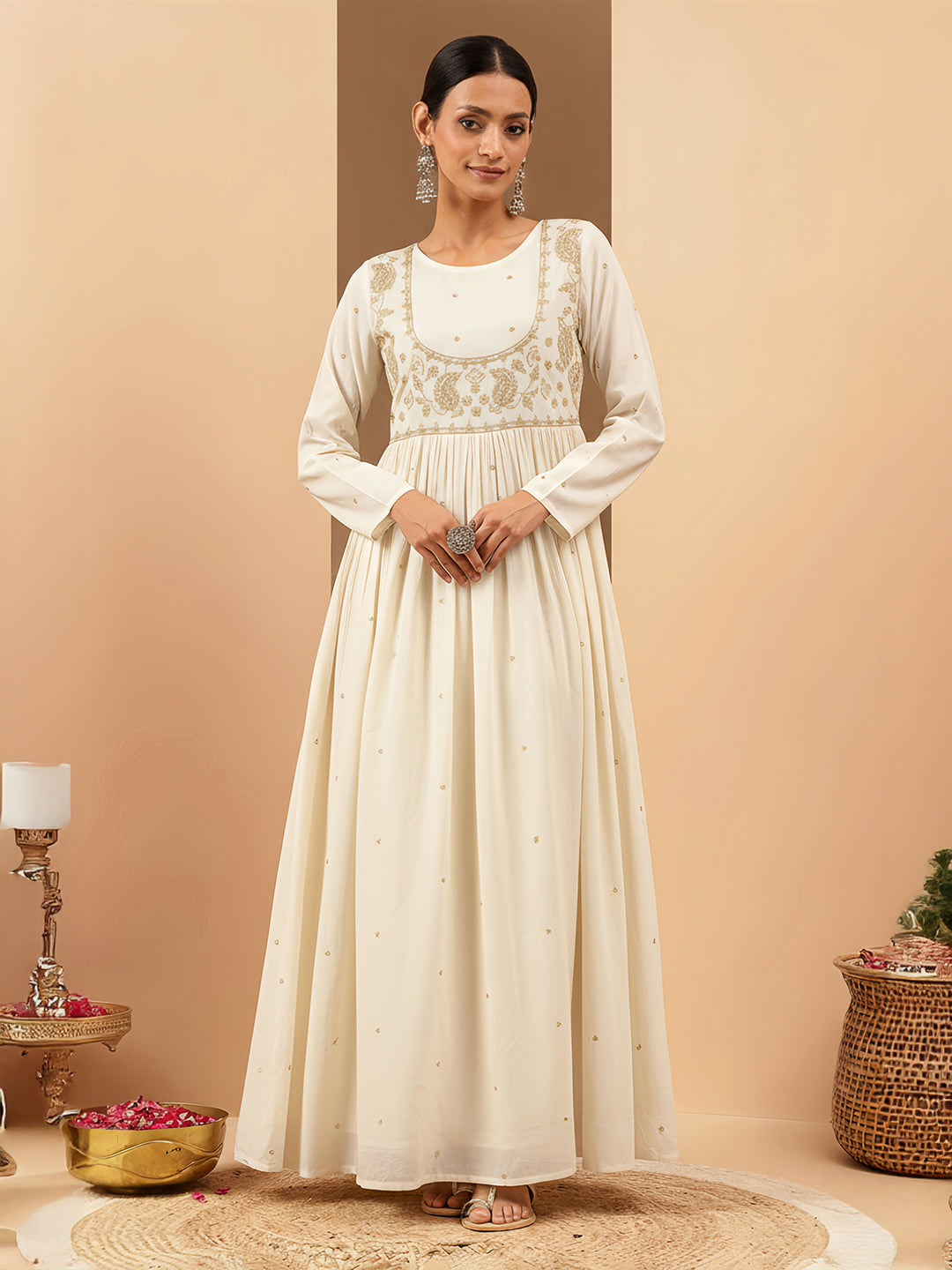 Naari By Shree Women's Off White Soft Pure Cotton Zari Embroidered Anarkali Gathered Gown