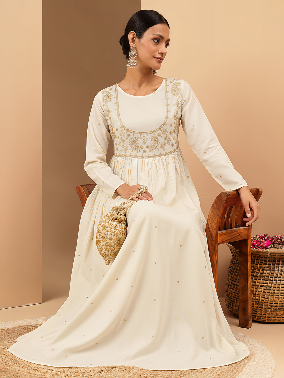 Naari By Shree Women's Off White Soft Pure Cotton Zari Embroidered Anarkali Gathered Gown
