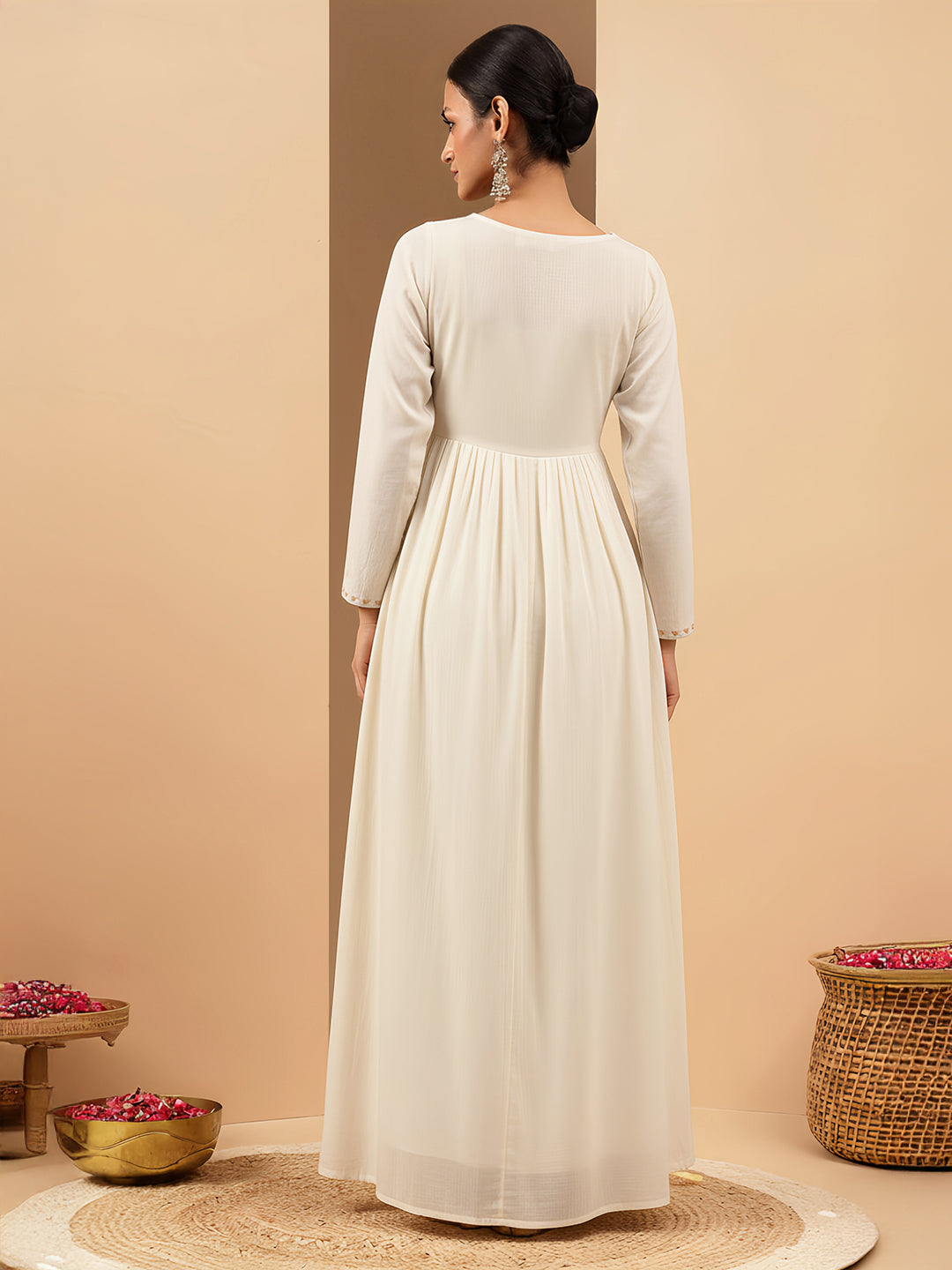 Naari By Shree Women's Off White Soft Pure Cotton Zari Embroidered Anarkali Gathered Gown