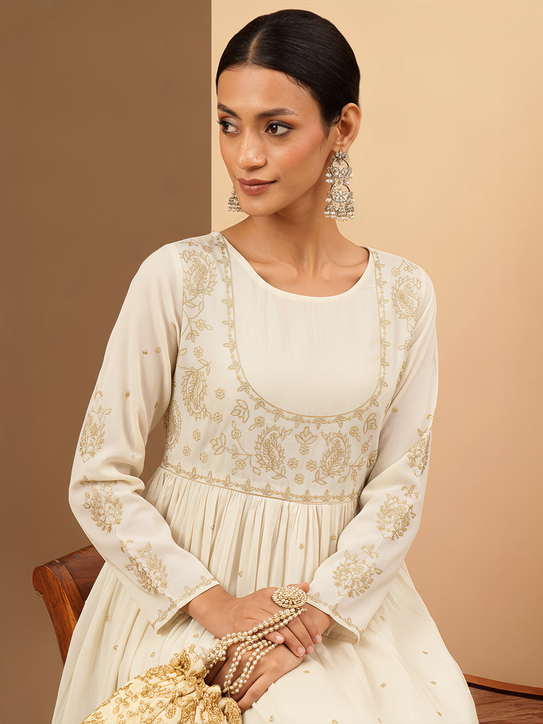 Naari By Shree Women's Off White Soft Pure Cotton Zari Embroidered Anarkali Gathered Gown