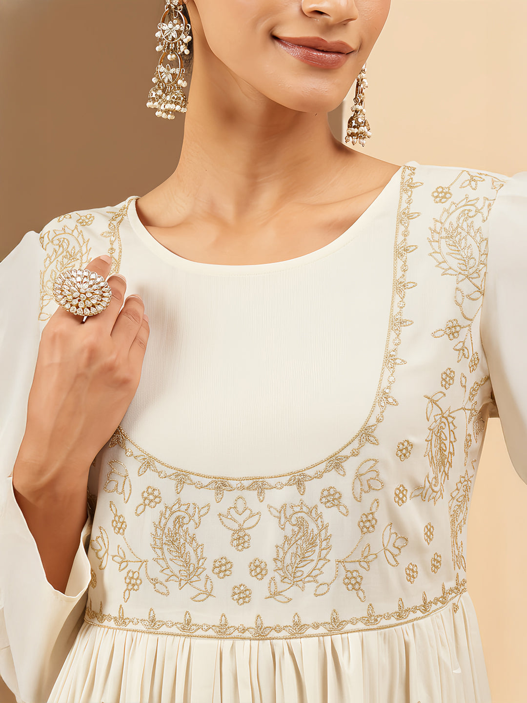 Naari By Shree Women's Off White Soft Pure Cotton Zari Embroidered Anarkali Gathered Gown