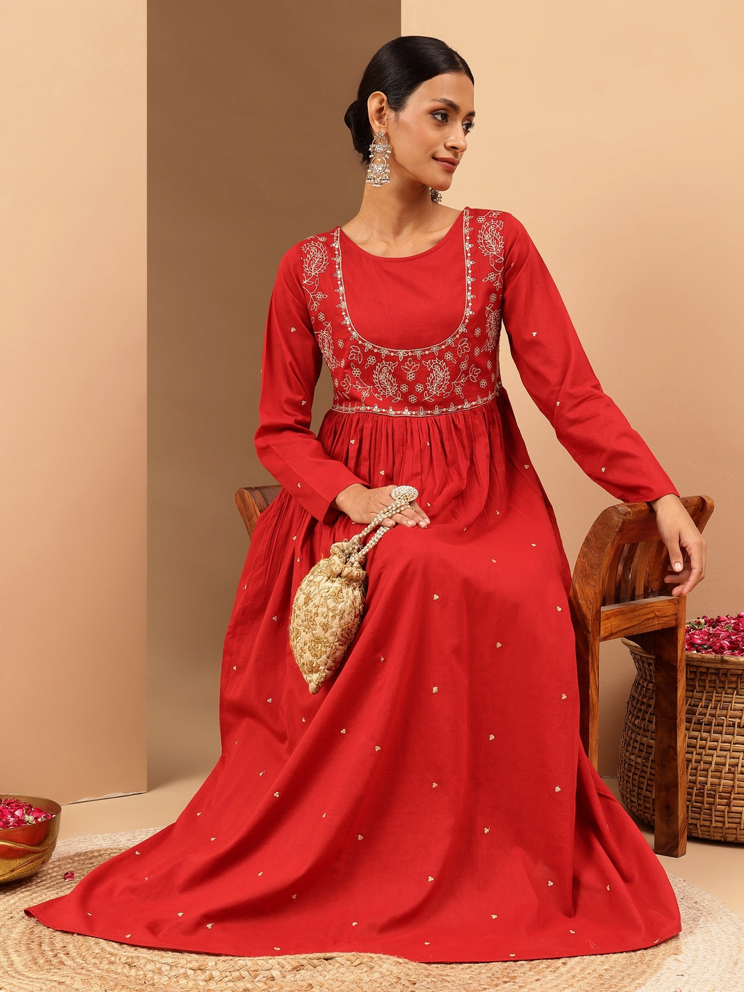 Naari By Shree Women's Maroon Soft Pure Cotton Zari Embroidered Anarkali Flared Gown