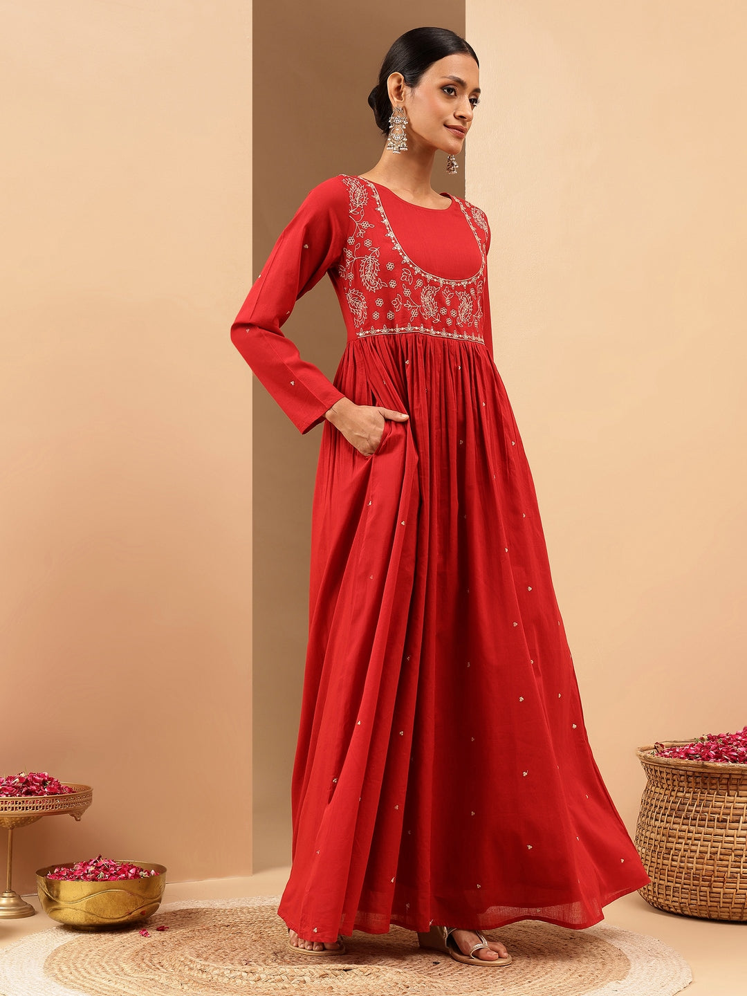 Naari By Shree Women's Maroon Soft Pure Cotton Zari Embroidered Anarkali Flared Gown