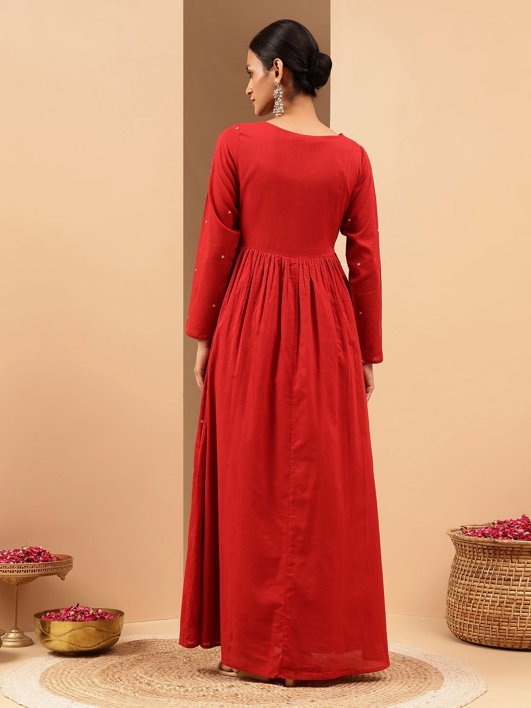 Naari By Shree Women's Maroon Soft Pure Cotton Zari Embroidered Anarkali Flared Gown