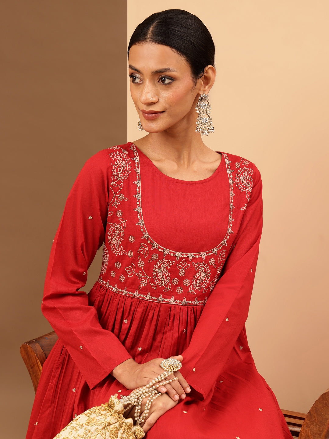 Naari By Shree Women's Maroon Soft Pure Cotton Zari Embroidered Anarkali Flared Gown