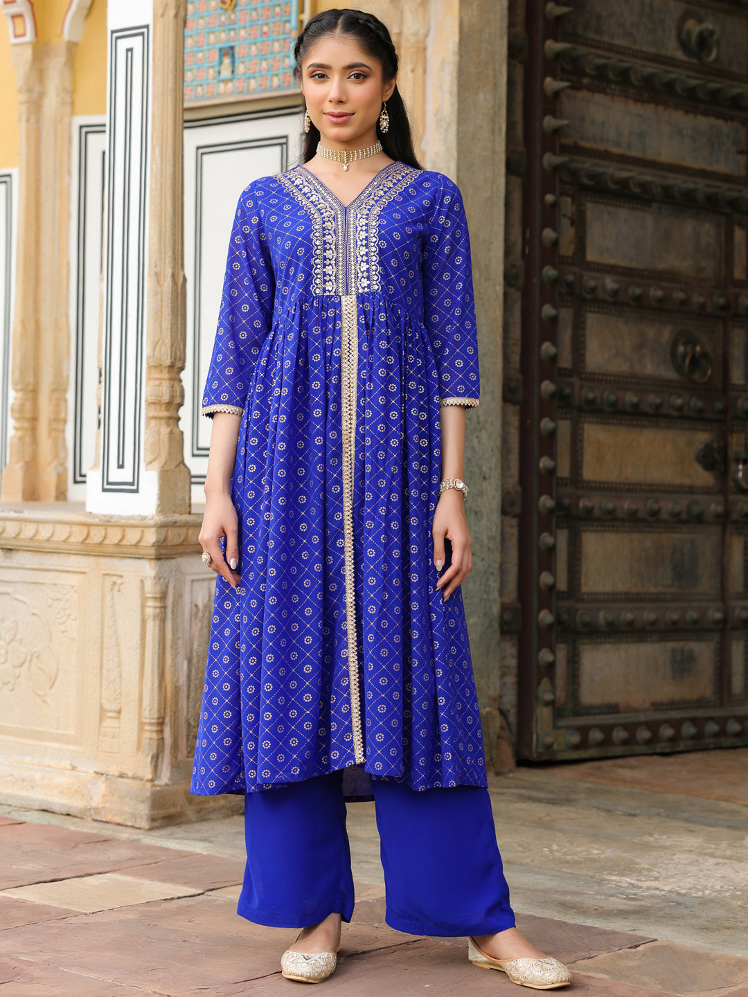 Naari By Shree Women's Royal Blue Georgette Foil Printed Embellished A-line Front-slit Kurta With Palazzo Set