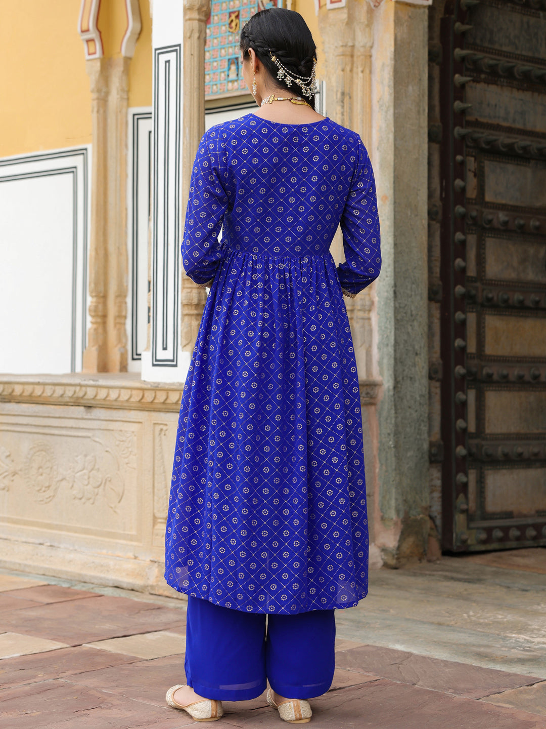 Naari By Shree Women's Royal Blue Georgette Foil Printed Embellished A-line Front-slit Kurta With Palazzo Set