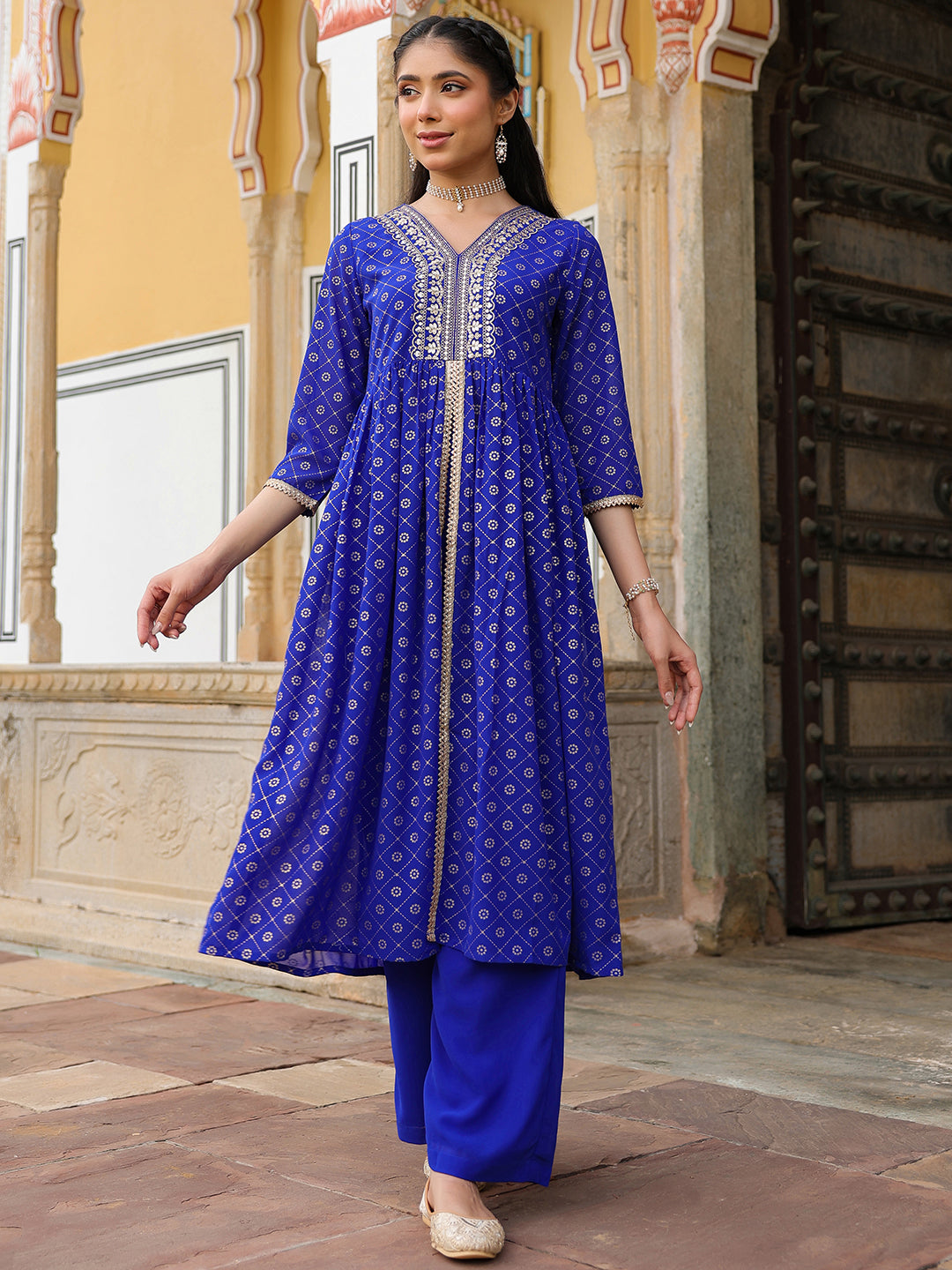 Naari By Shree Women's Royal Blue Georgette Foil Printed Embellished A-line Front-slit Kurta With Palazzo Set