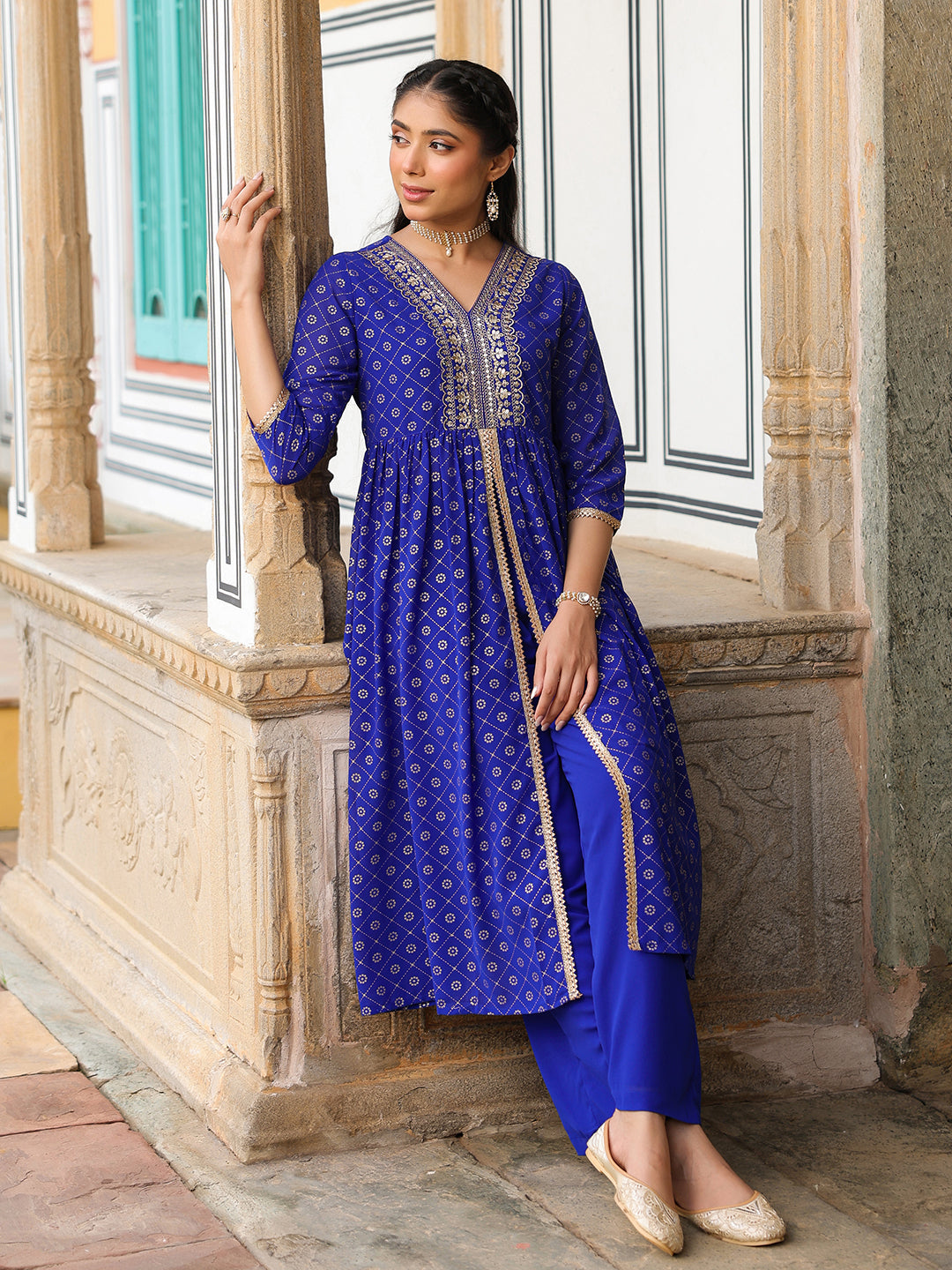 Naari By Shree Women's Royal Blue Georgette Foil Printed Embellished A-line Front-slit Kurta With Palazzo Set