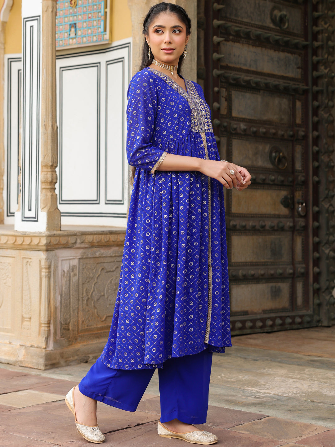 Naari By Shree Women's Royal Blue Georgette Foil Printed Embellished A-line Front-slit Kurta With Palazzo Set