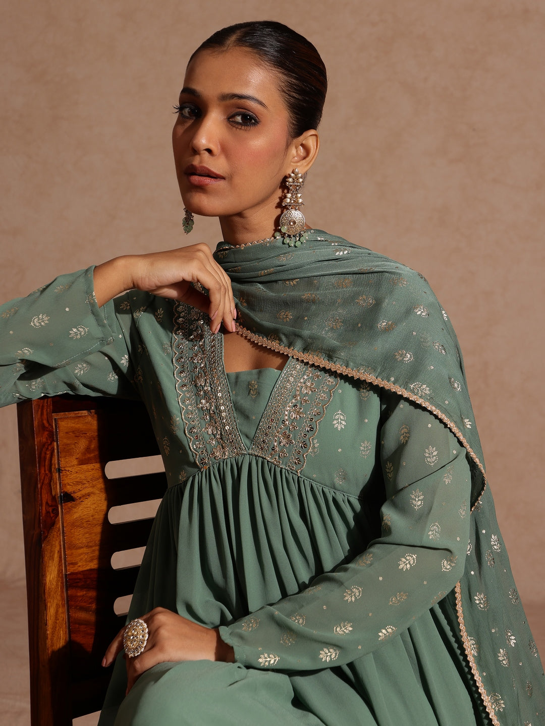 Naari By Shree Women's Sage Green Georgette Embellished Foil Printed Gathered Kurta With Dupatta Set