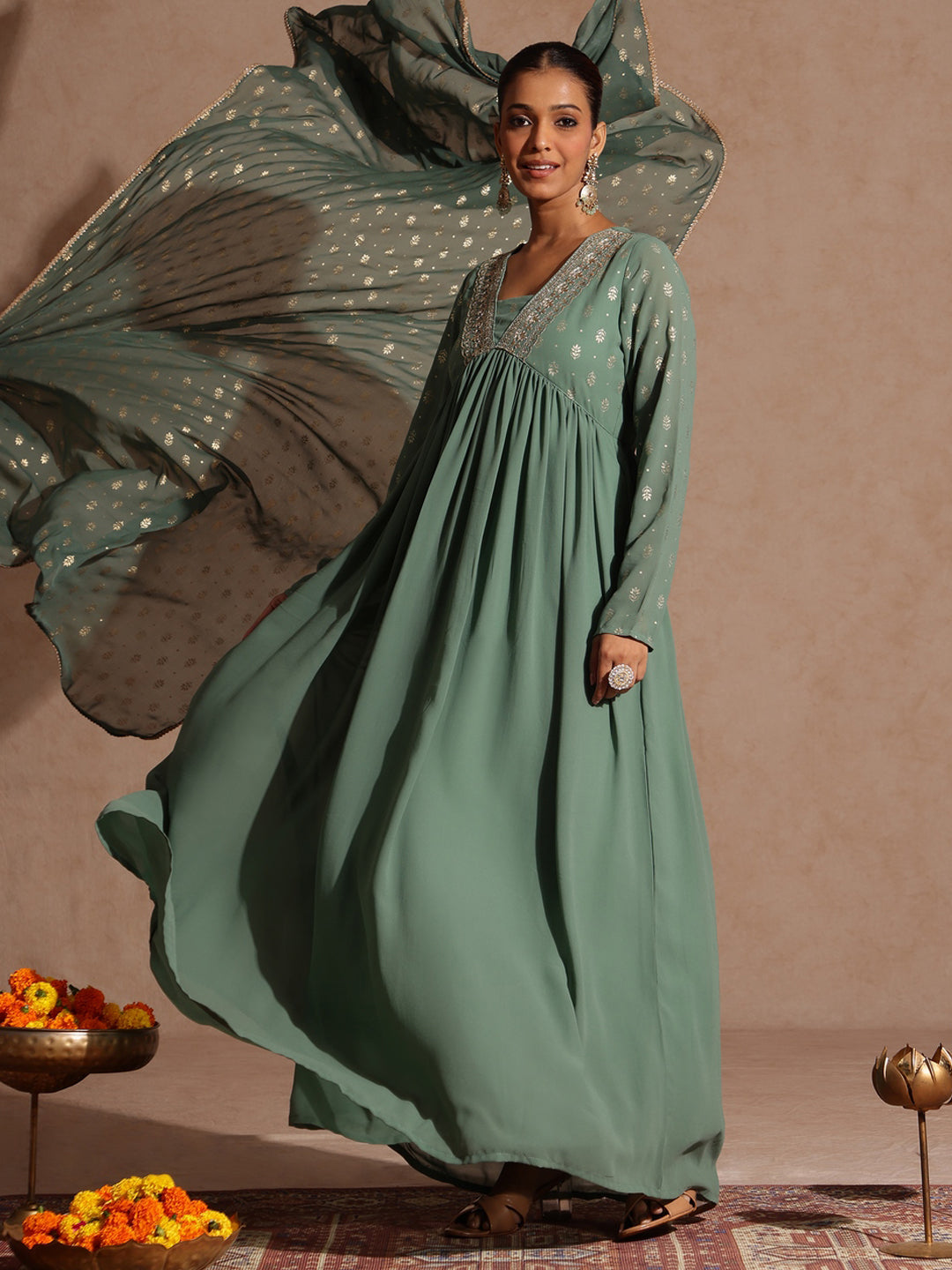 Naari By Shree Women's Sage Green Georgette Embellished Foil Printed Gathered Kurta With Dupatta Set