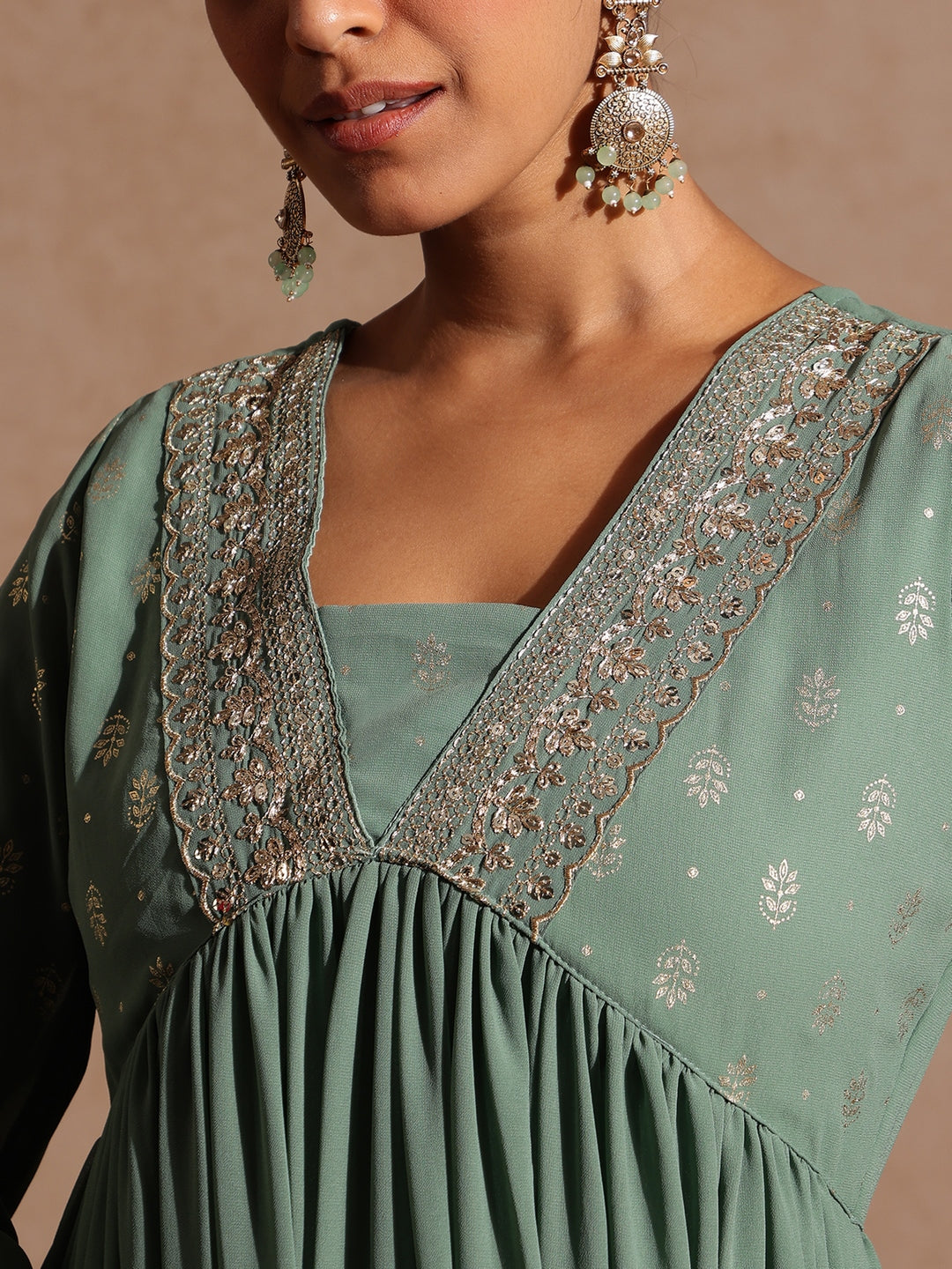 Naari By Shree Women's Sage Green Georgette Embellished Foil Printed Gathered Kurta With Dupatta Set