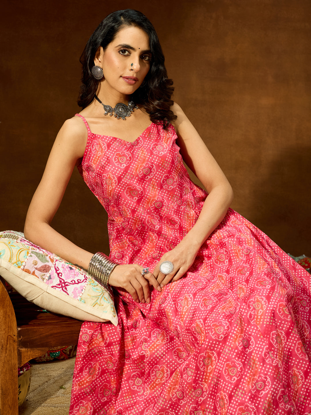 Naari By Shree Women's Pink Pure Cotton Bandhani Printed Anarkali Kurta