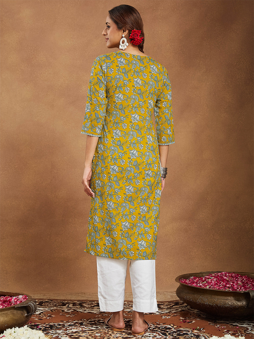 Naari By Shree Women's Mustard Pure Cotton Floral Printed Straight Kurta