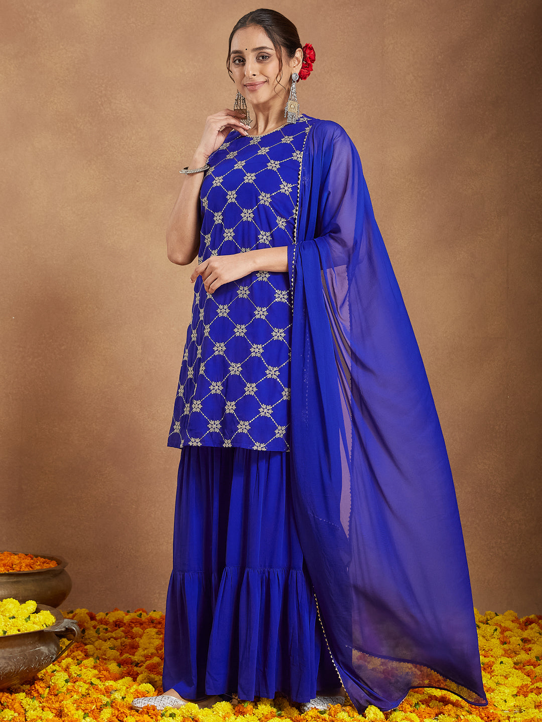 Naari By Shree Women's Royal Blue Georgette Zari Embroidered Straight Kurta With Sharara & Dupatta Set