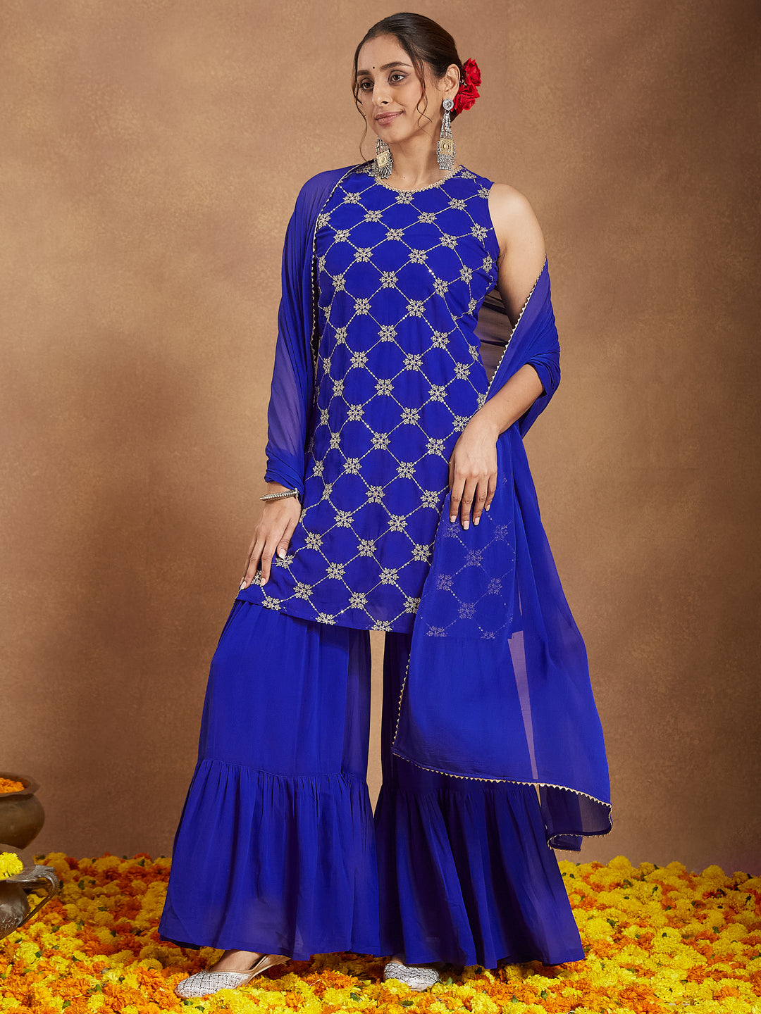 Naari By Shree Women's Royal Blue Georgette Zari Embroidered Straight Kurta With Sharara & Dupatta Set