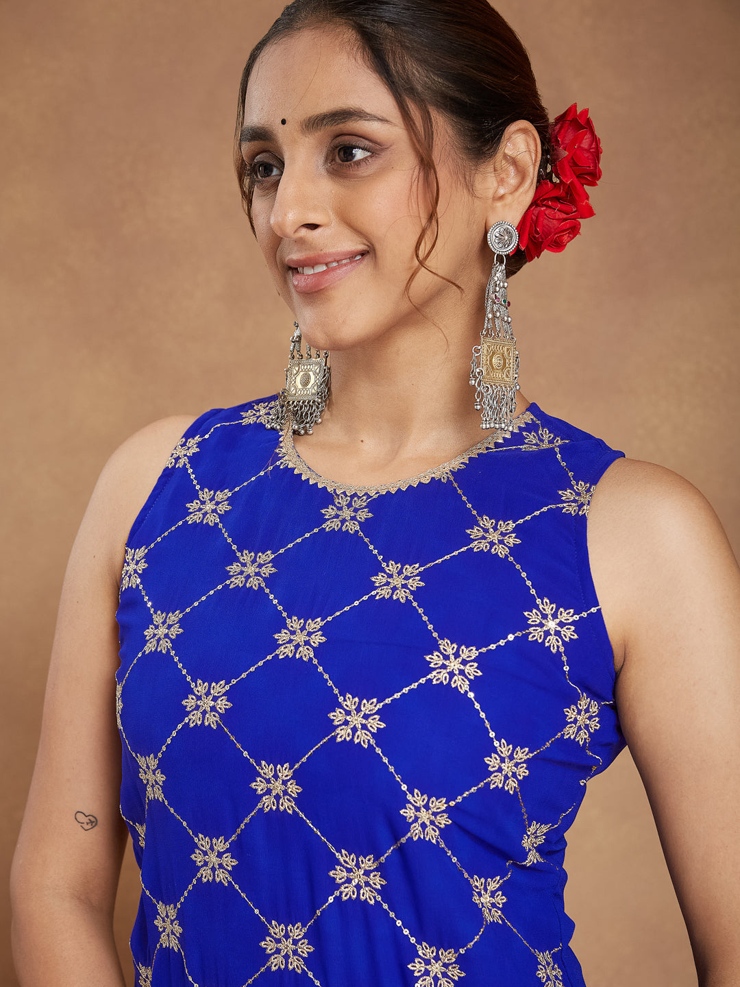 Naari By Shree Women's Royal Blue Georgette Zari Embroidered Straight Kurta With Sharara & Dupatta Set