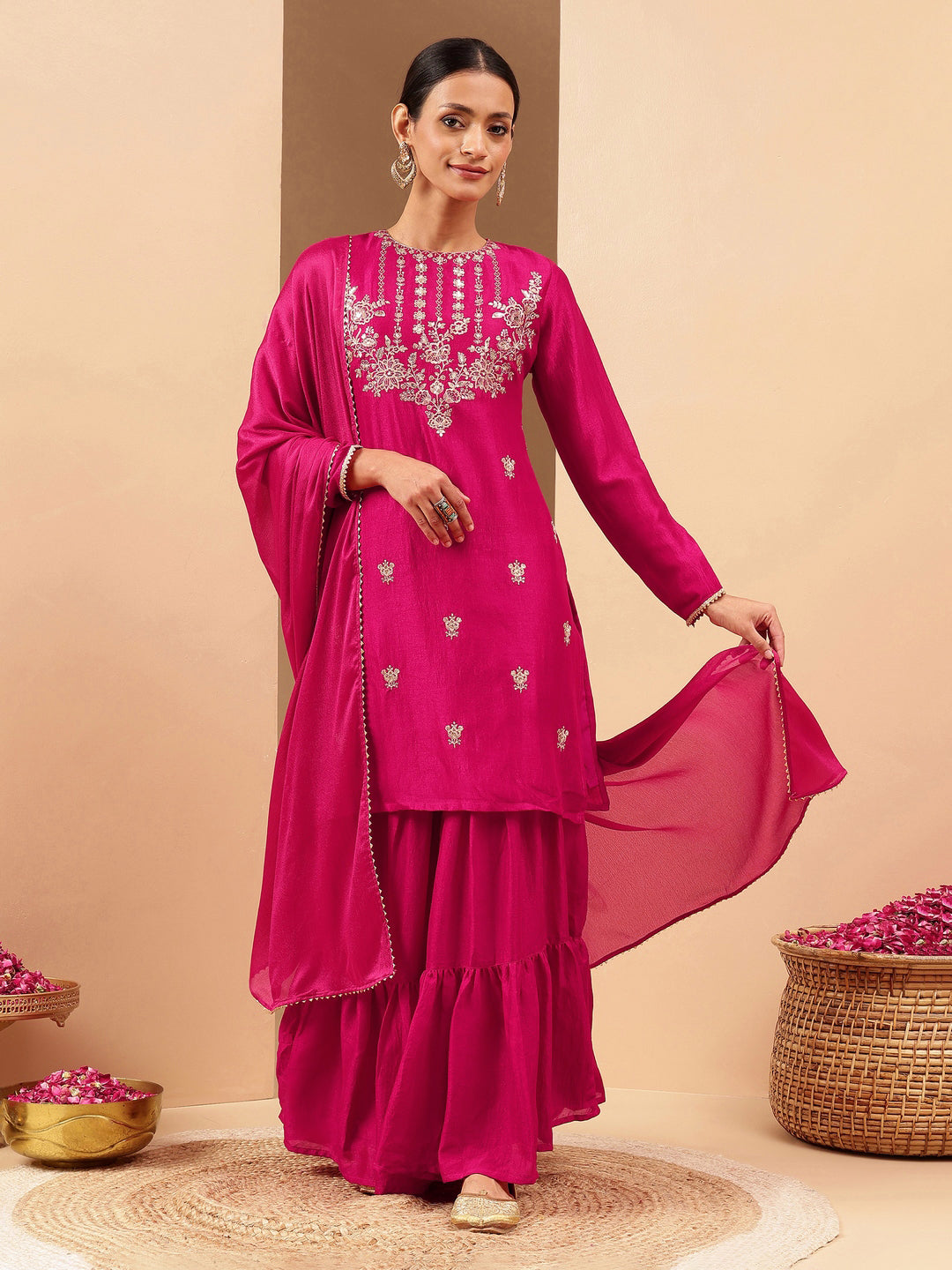 Naari By Shree Women's Pink Silk Blend Zari Embroidered Straight Kurta With Sharara & Dupatta Set