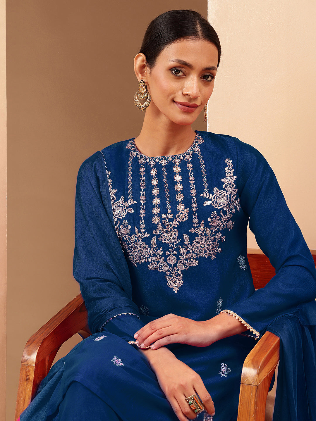 Naari By Shree Women's Teal Blue Silk Blend Zari Embroidered Straight Kurta With Sharara & Dupatta Set