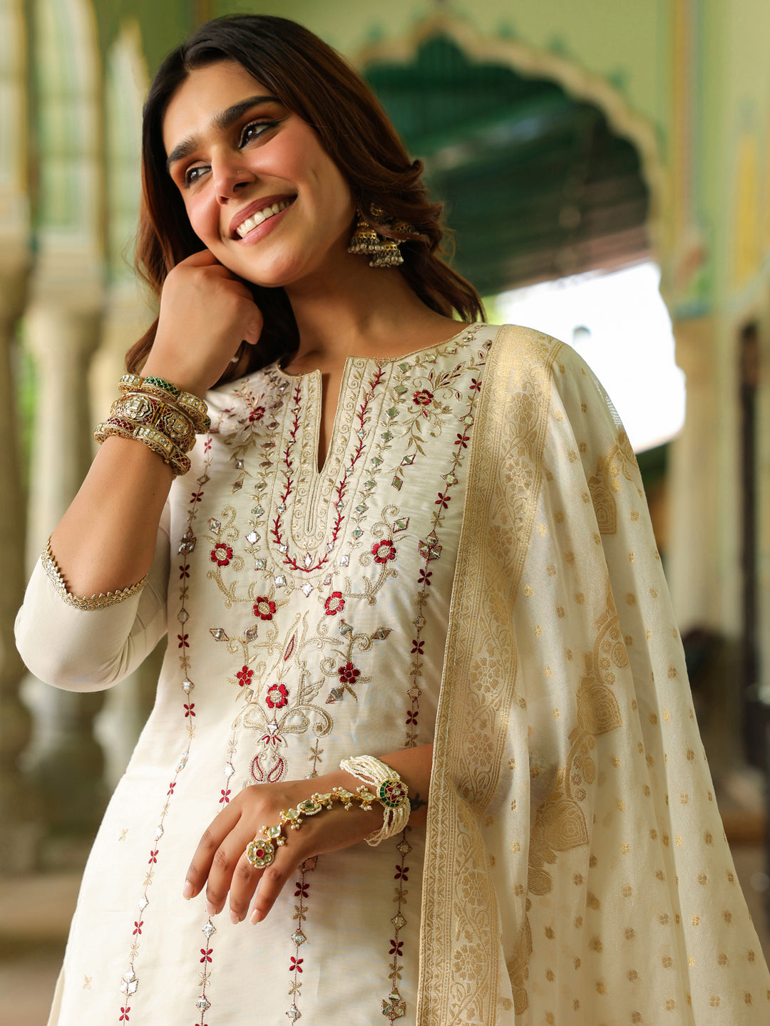 Naari By Shree Women's Off White Chanderi Silk Embroidered Mirror Work Kurta With Sharara & Dupatta Set