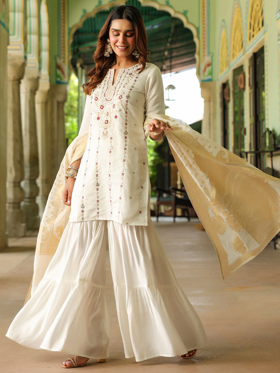 Naari By Shree Women's Off White Chanderi Silk Embroidered Mirror Work Kurta With Sharara & Dupatta Set