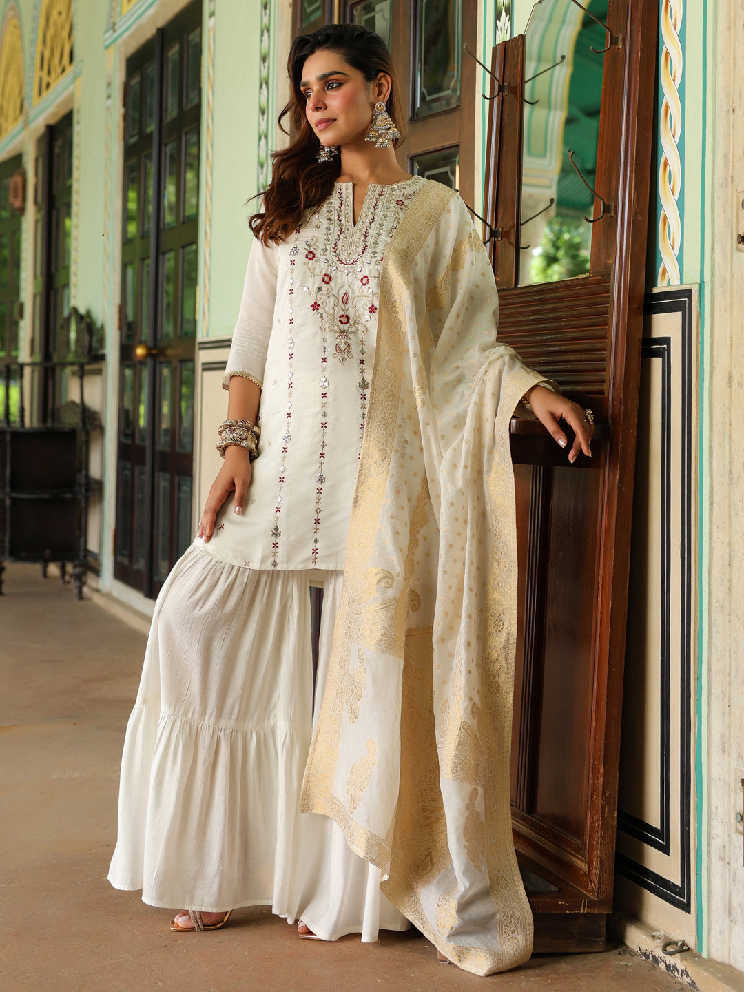 Naari By Shree Women's Off White Chanderi Silk Embroidered Mirror Work Kurta With Sharara & Dupatta Set