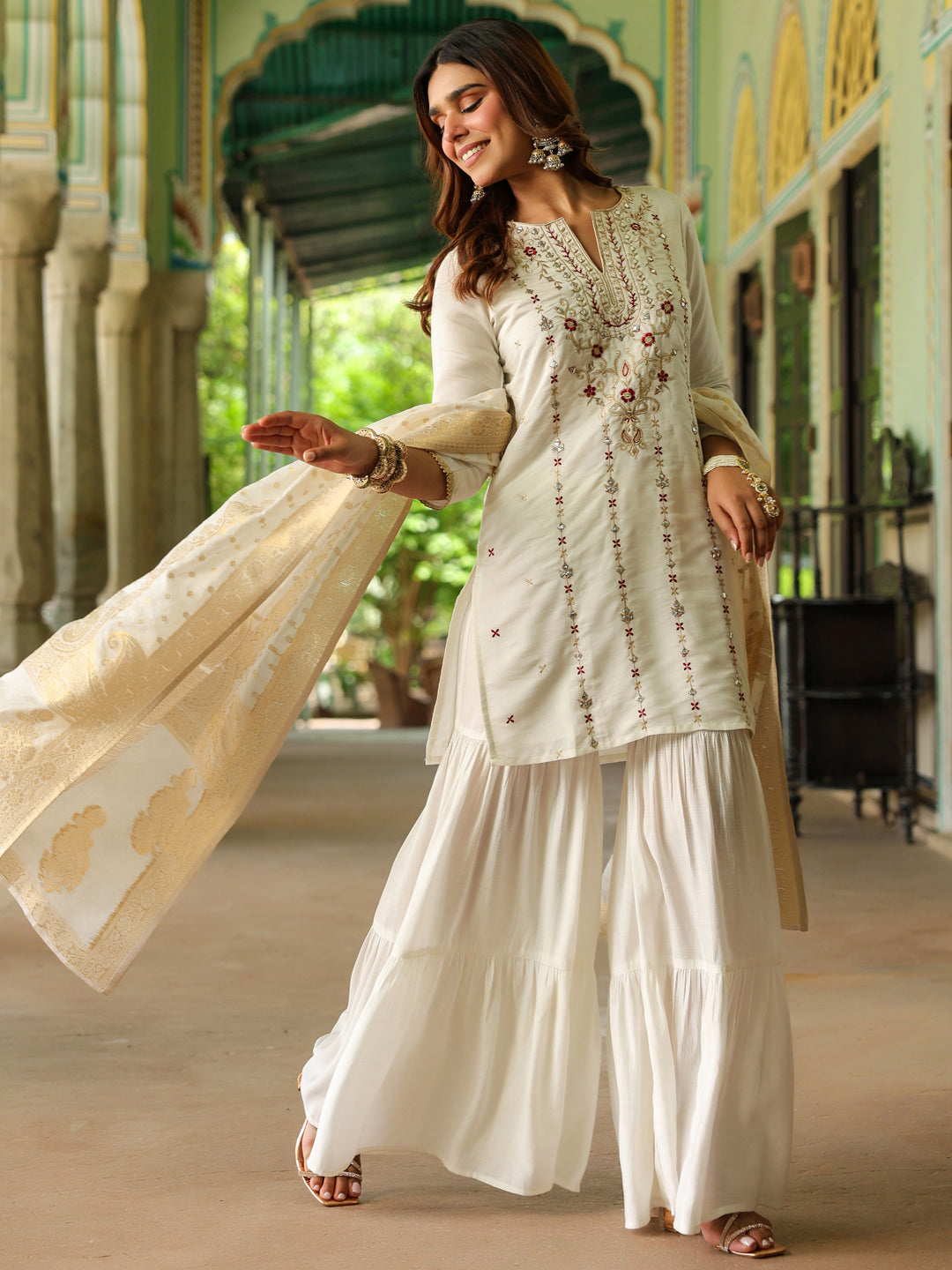 Naari By Shree Women's Off White Chanderi Silk Embroidered Mirror Work Kurta With Sharara & Dupatta Set