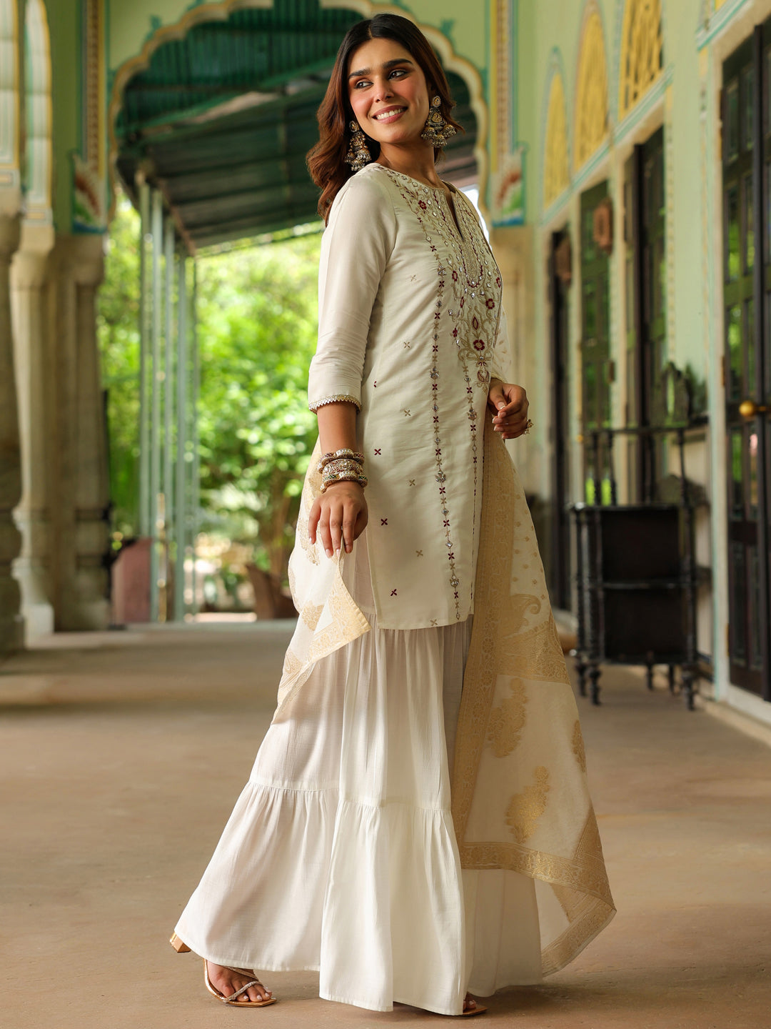 Naari By Shree Women's Off White Chanderi Silk Embroidered Mirror Work Kurta With Sharara & Dupatta Set