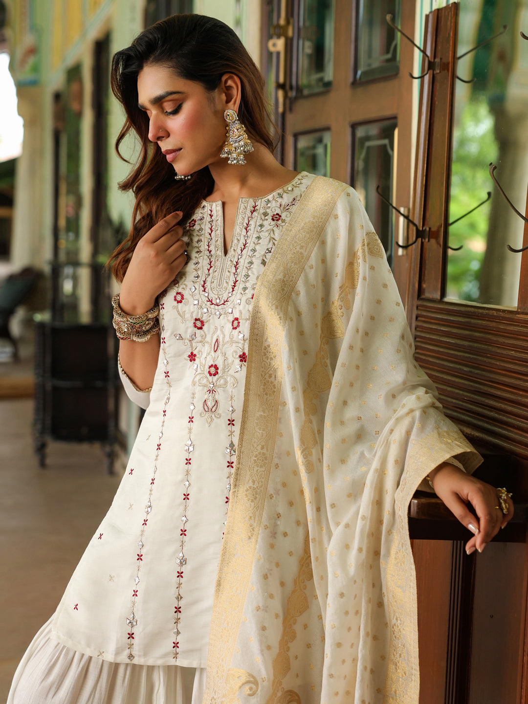 Naari By Shree Women's Off White Chanderi Silk Embroidered Mirror Work Kurta With Sharara & Dupatta Set