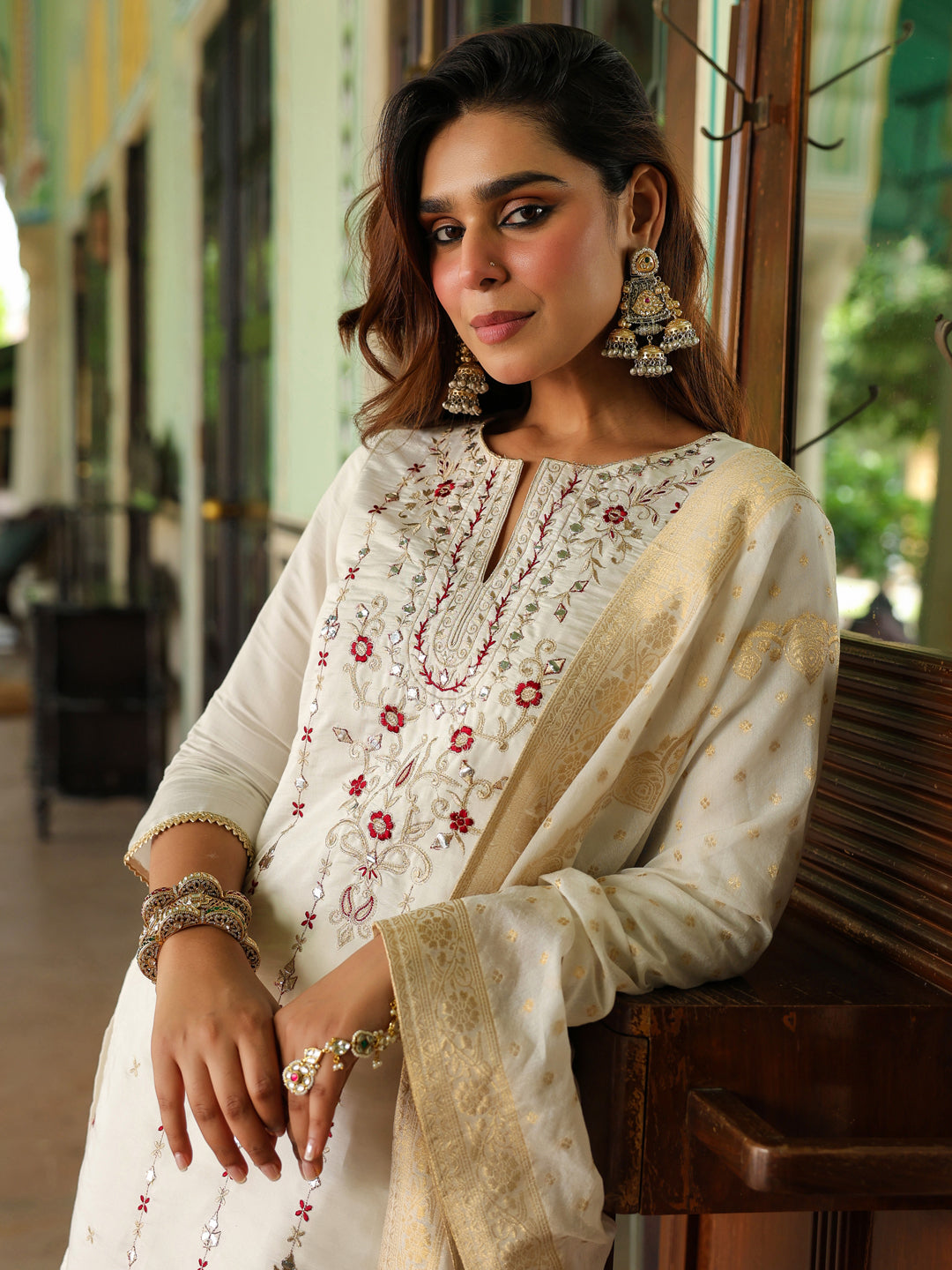 Naari By Shree Women's Off White Chanderi Silk Embroidered Mirror Work Kurta With Sharara & Dupatta Set