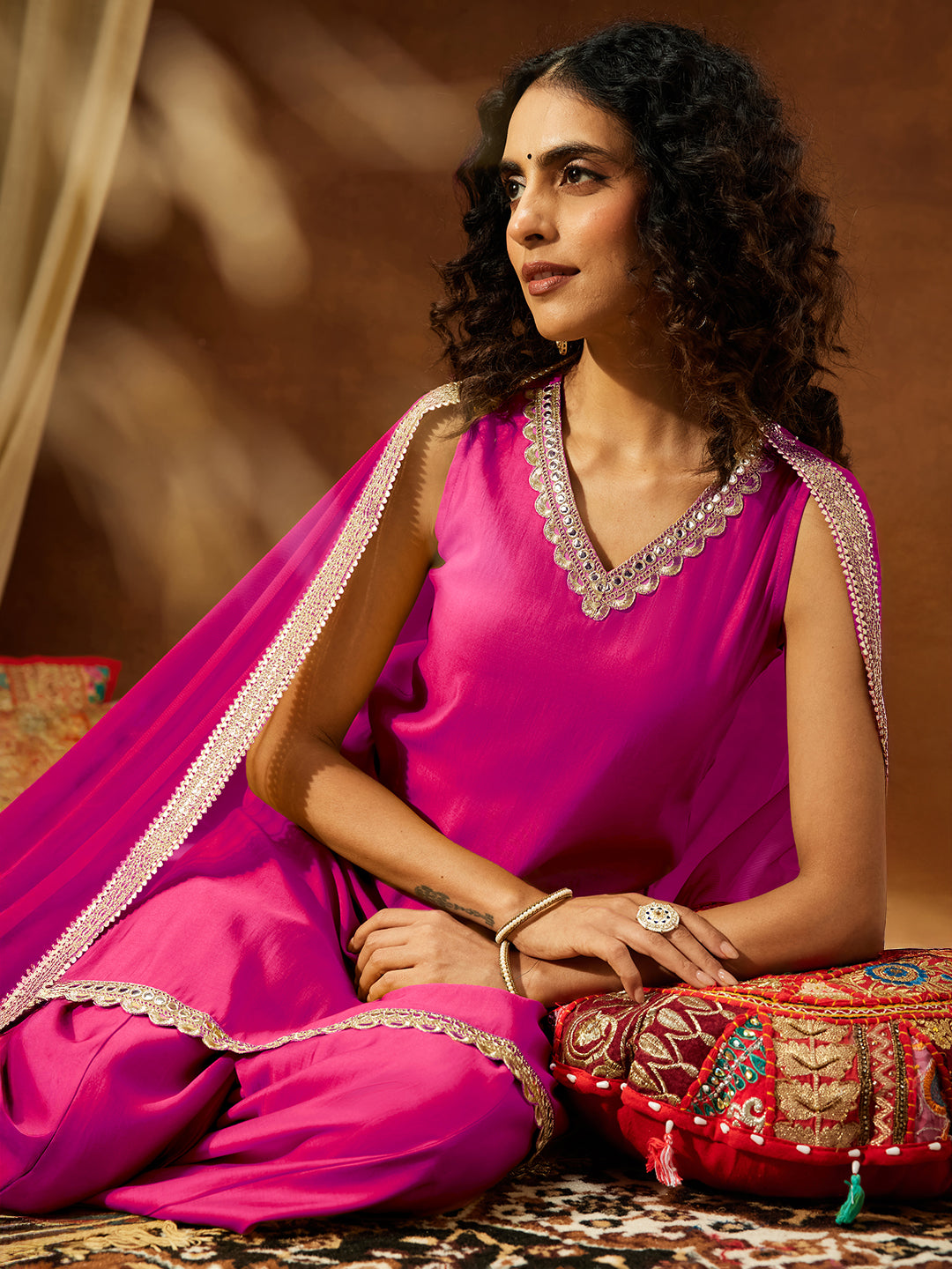 Naari By Shree Women's Pink Chanderi Silk Embellished Straight Kurta With Sharara & Dupatta Set