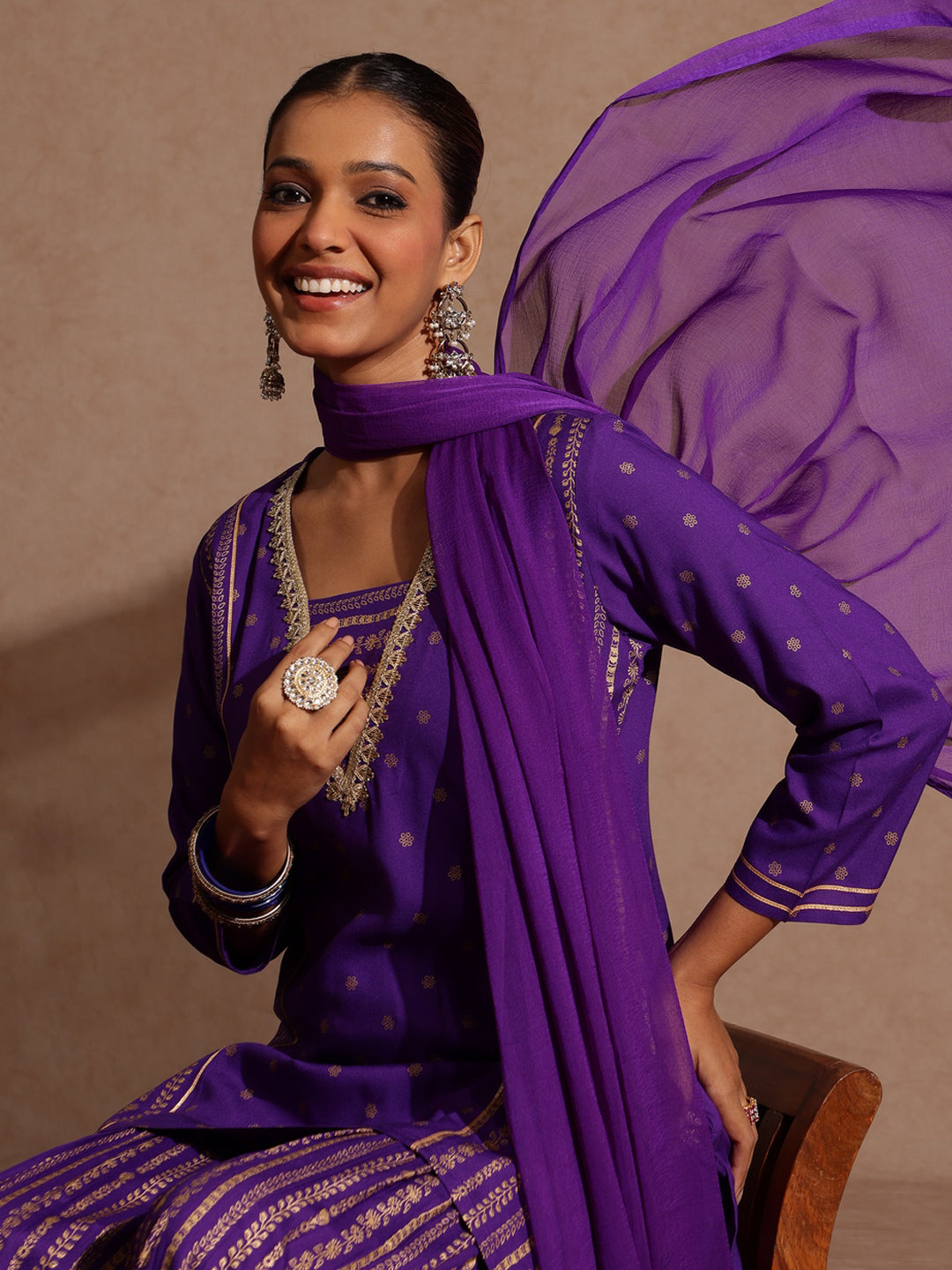 Naari By Shree Women's Purple Rayon Gold Printed Short Kurti With Sharara & Dupatta Set