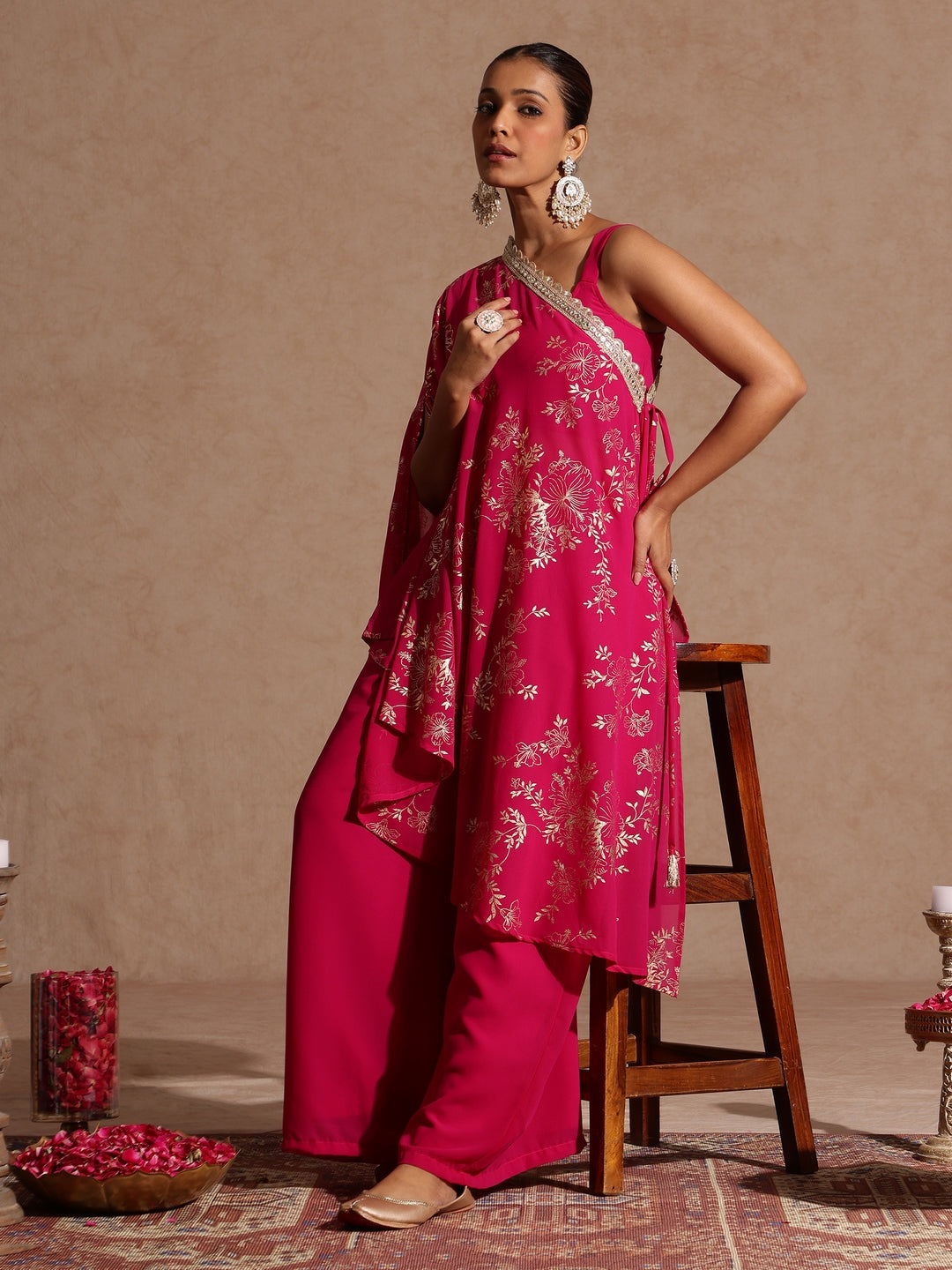 Naari By Shree Women's Pink Embellished Gold Printed Crop Top With Palazzo & Tie-up Cape Set