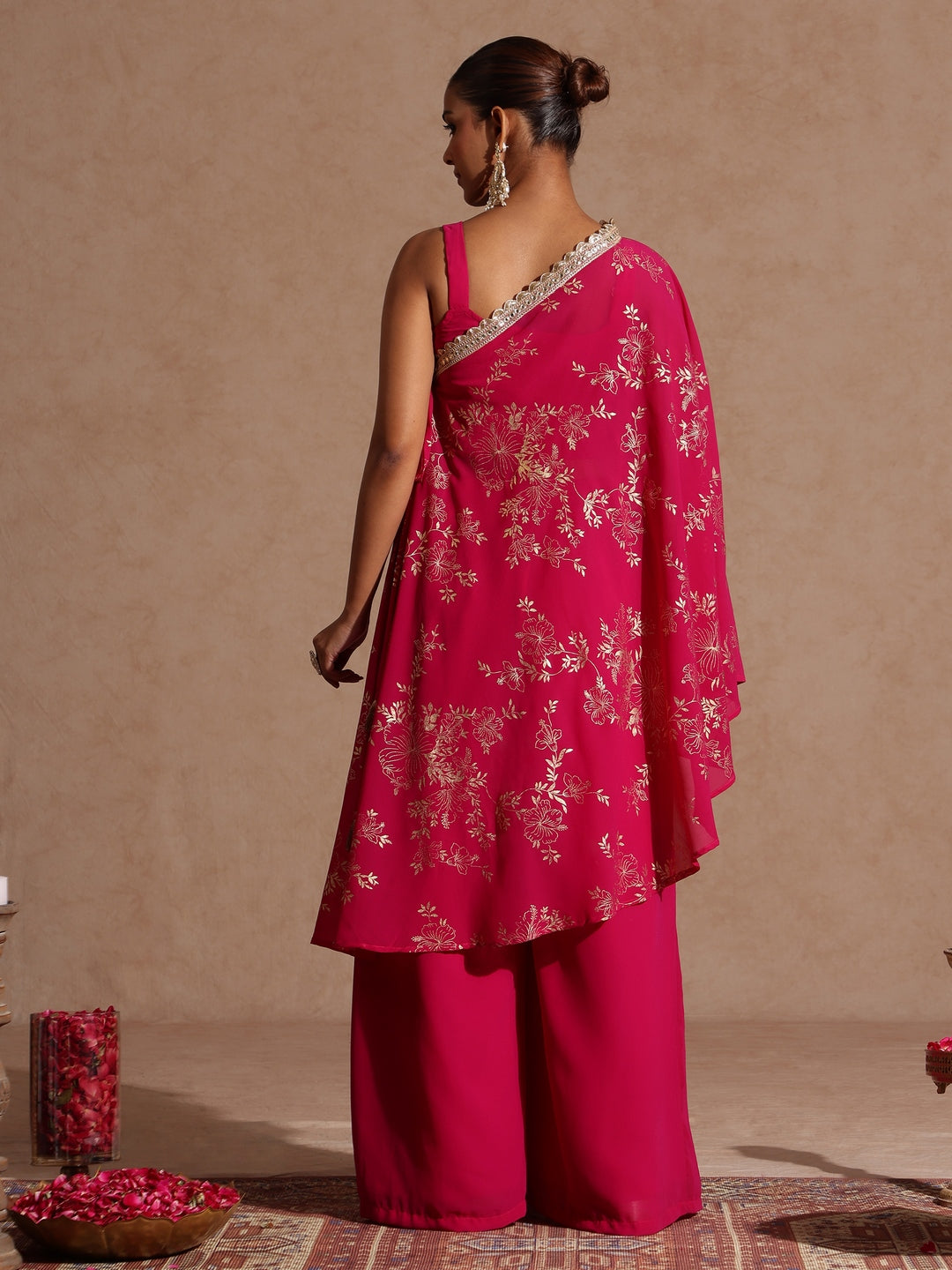 Naari By Shree Women's Pink Embellished Gold Printed Crop Top With Palazzo & Tie-up Cape Set