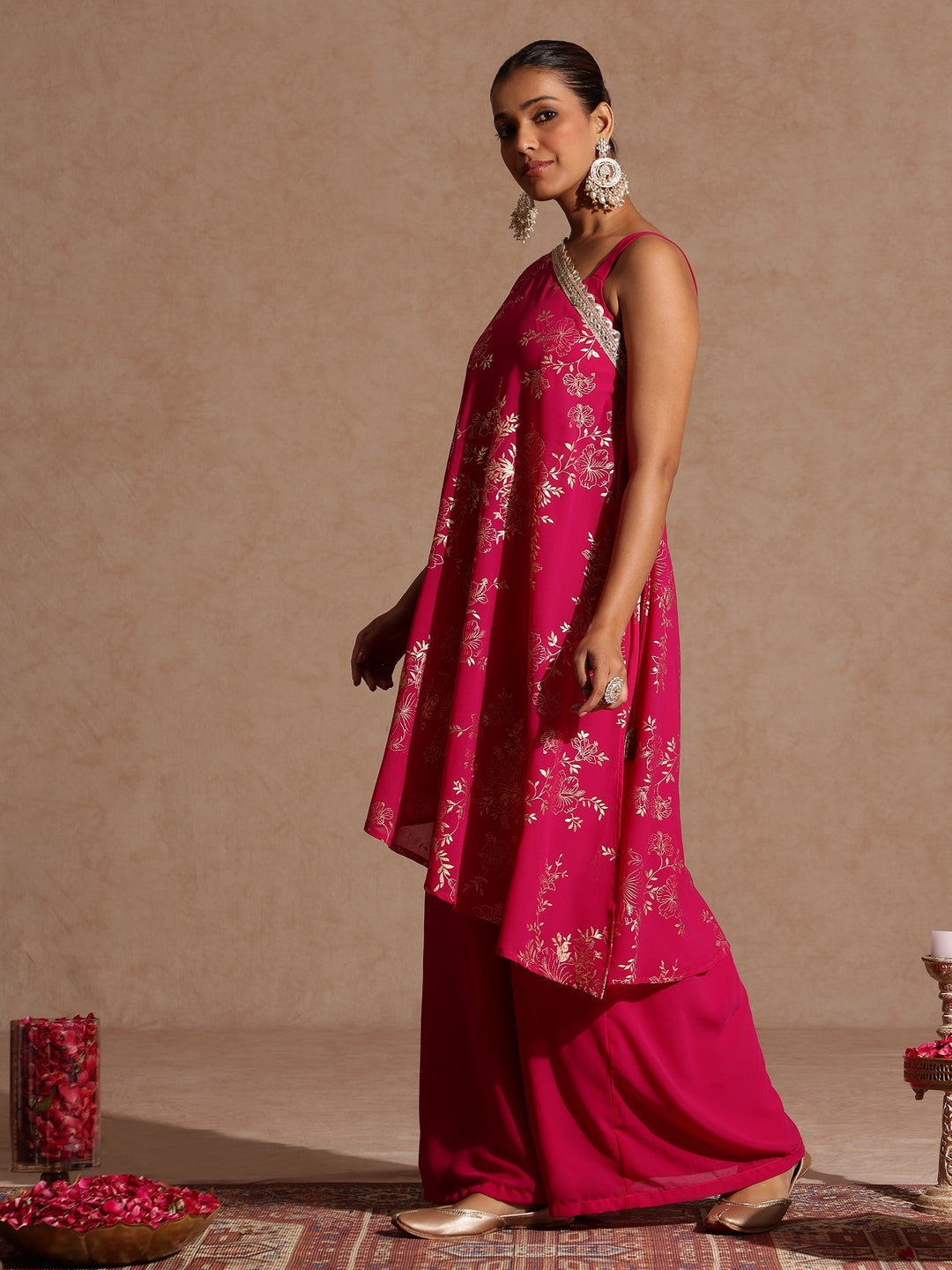 Naari By Shree Women's Pink Embellished Gold Printed Crop Top With Palazzo & Tie-up Cape Set